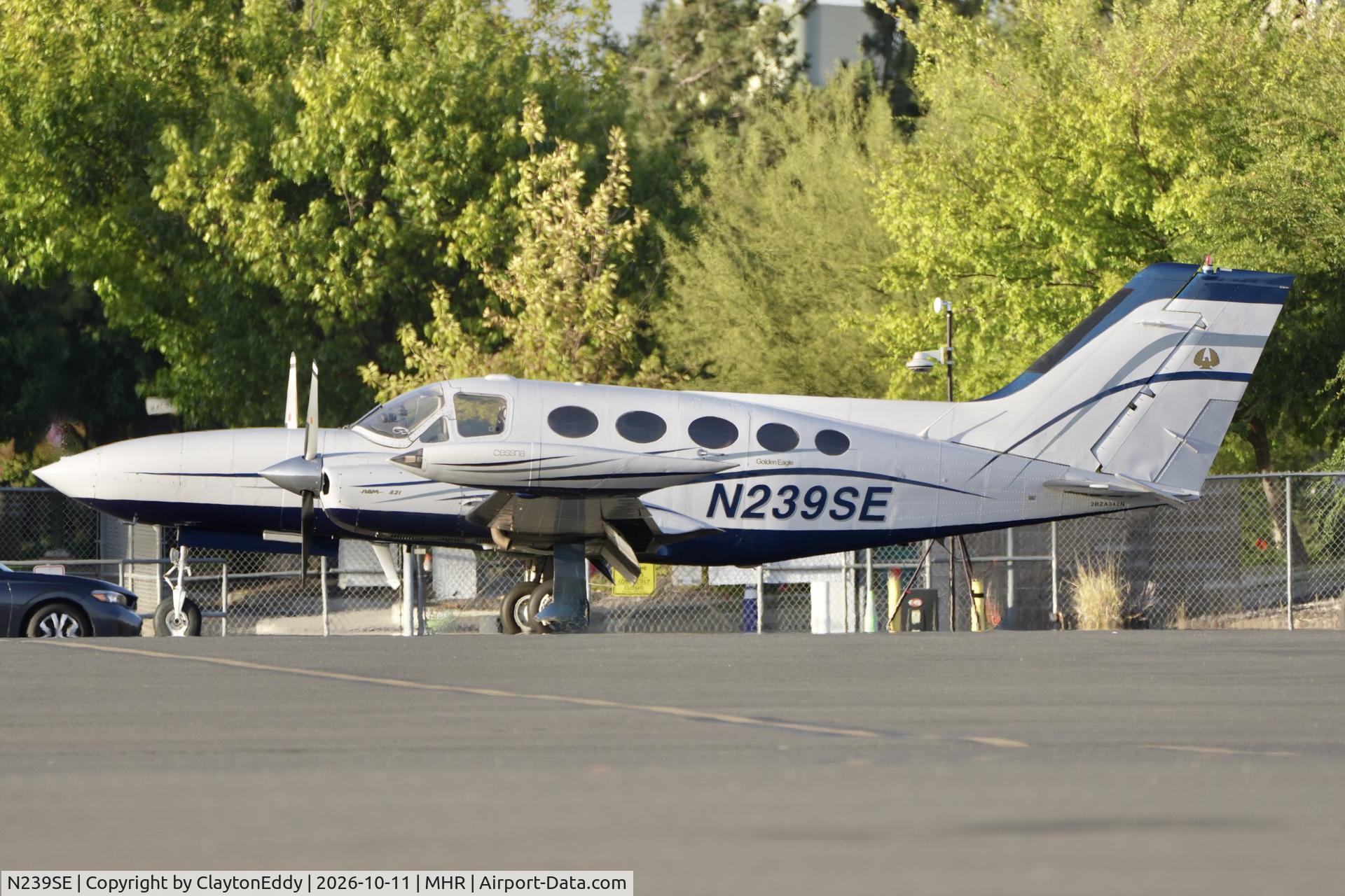 Aircraft N239SE, 1972 Cessna 421B Golden Eagle, c/n 421B0315, California Capital Airshow 2026., at MHR, photo by ClaytonEddy