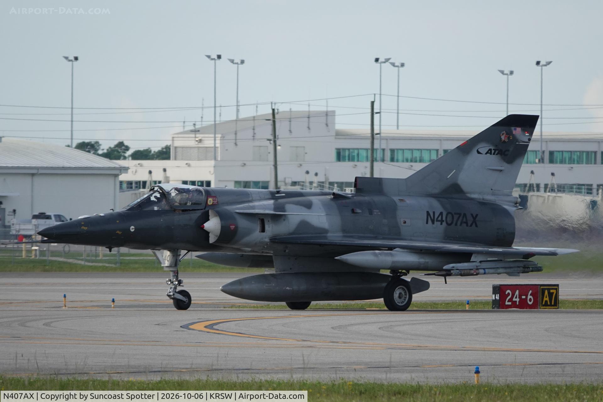 Aircraft N407AX, 1981 Israel Aircraft Industries F21KFIR-C2, c/n 125, A F-21 Kfir C2 departs Southwest Florida International Airport enroute to training in the Gulf of America, at KRSW, photo by Suncoast Spotter