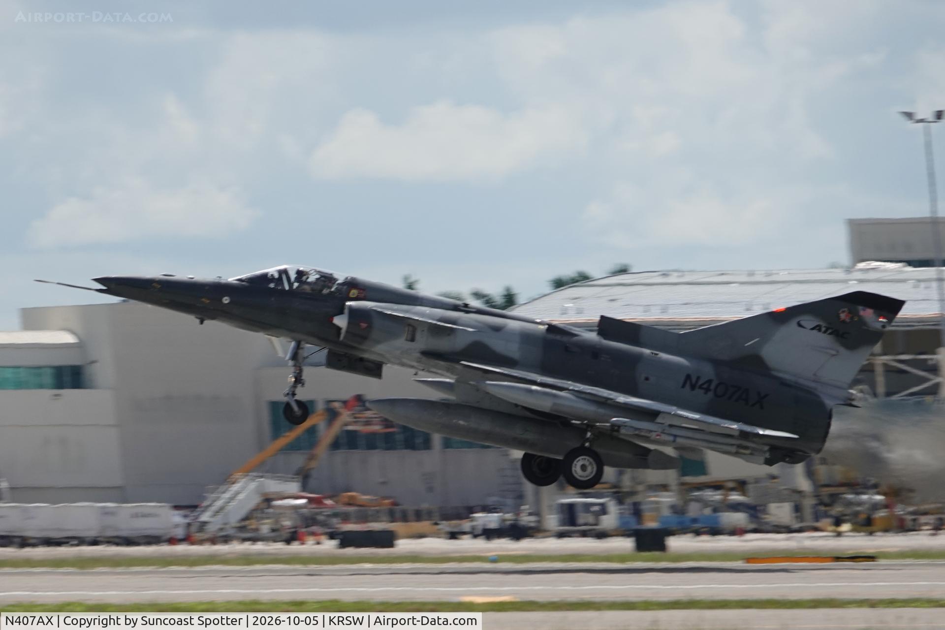 Aircraft N407AX, 1981 Israel Aircraft Industries F21KFIR-C2, c/n 125, A F-21 Kfir C2 departs Southwest Florida International Airport enroute to training in the Gulf of America, at KRSW, photo by Suncoast Spotter