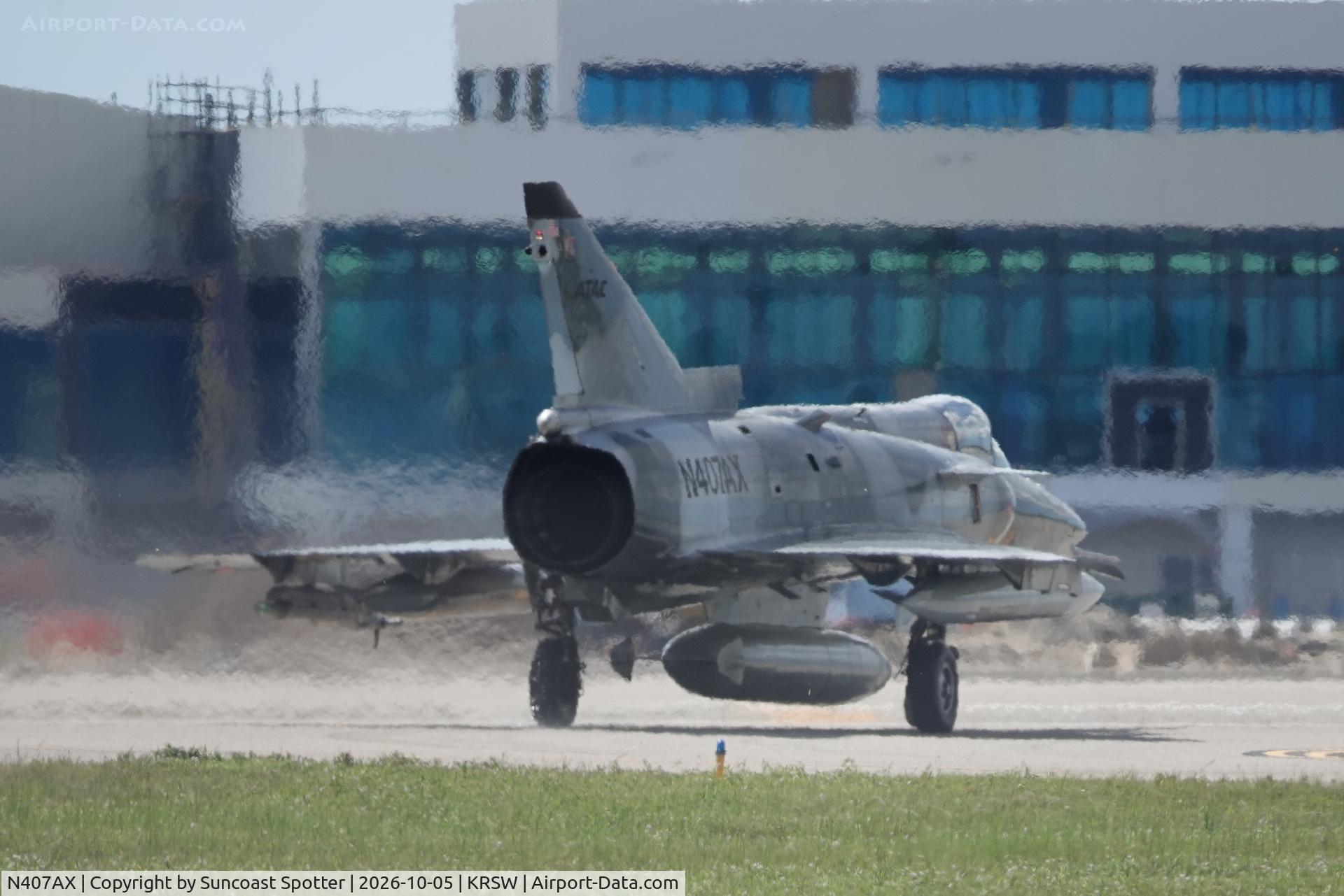 Aircraft N407AX, 1981 Israel Aircraft Industries F21KFIR-C2, c/n 125, A F-21 Kfir C2 departs Southwest Florida International Airport enroute to training in the Gulf of America, at KRSW, photo by Suncoast Spotter