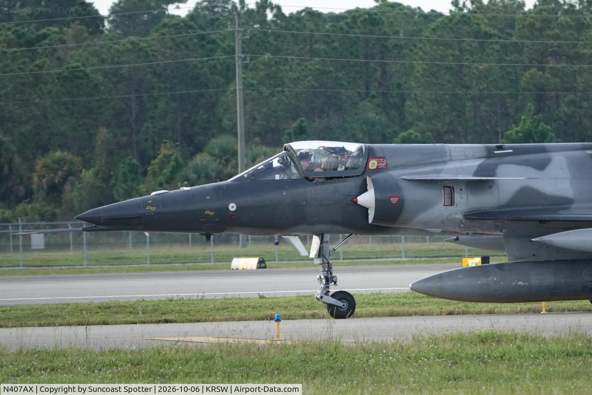 Aircraft N407AX, 1981 Israel Aircraft Industries F21KFIR-C2, c/n 125, A F-21 Kfir C2 departs Southwest Florida International Airport enroute to training in the Gulf of America, at KRSW, photo by Suncoast Spotter