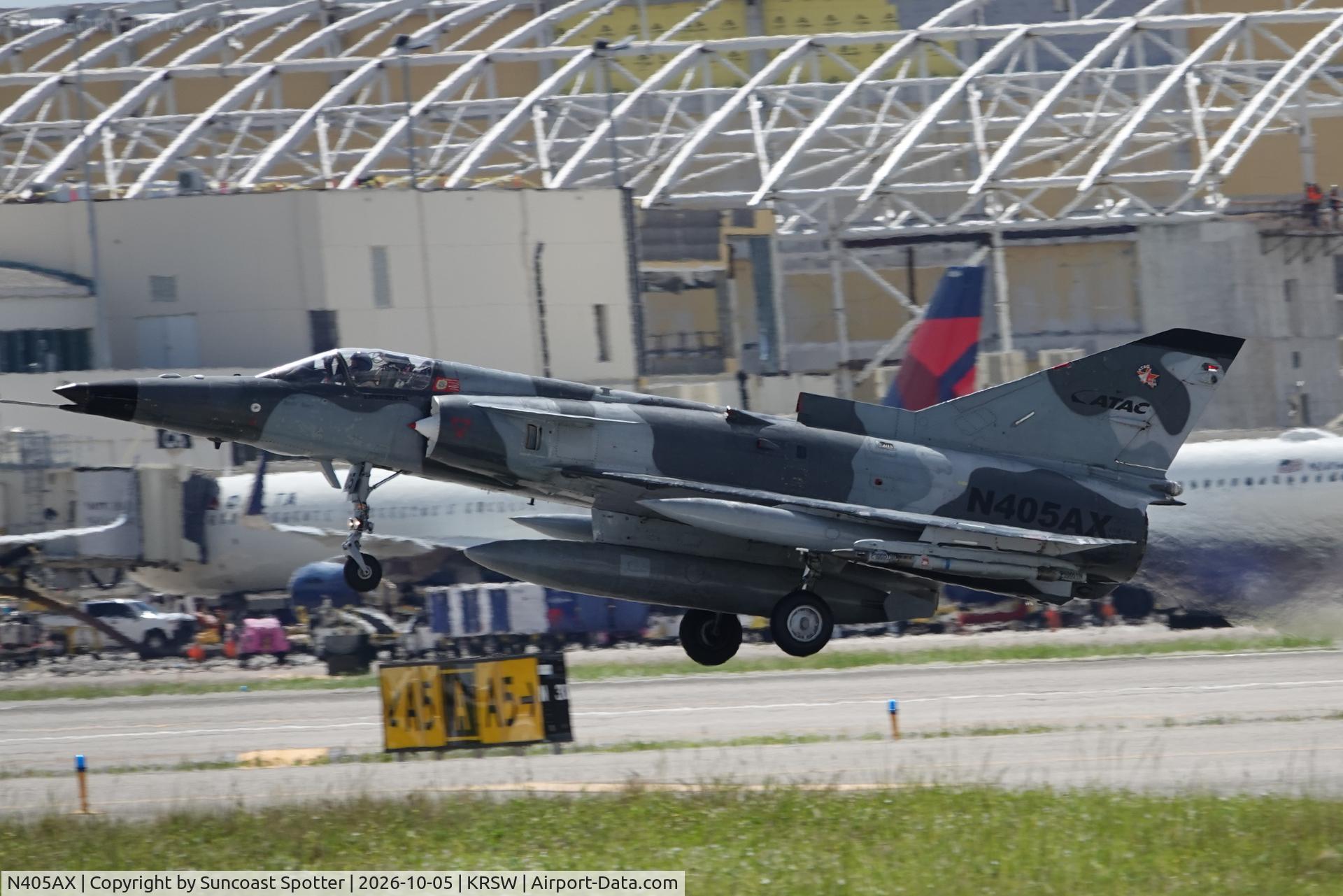 Aircraft N405AX, 1981 Israel Aircraft Industries Kfir C.2, c/n 145, A F-21 Kfir C2 departs Southwest Florida International Airport enroute to training in the Gulf of America, at KRSW, photo by Suncoast Spotter