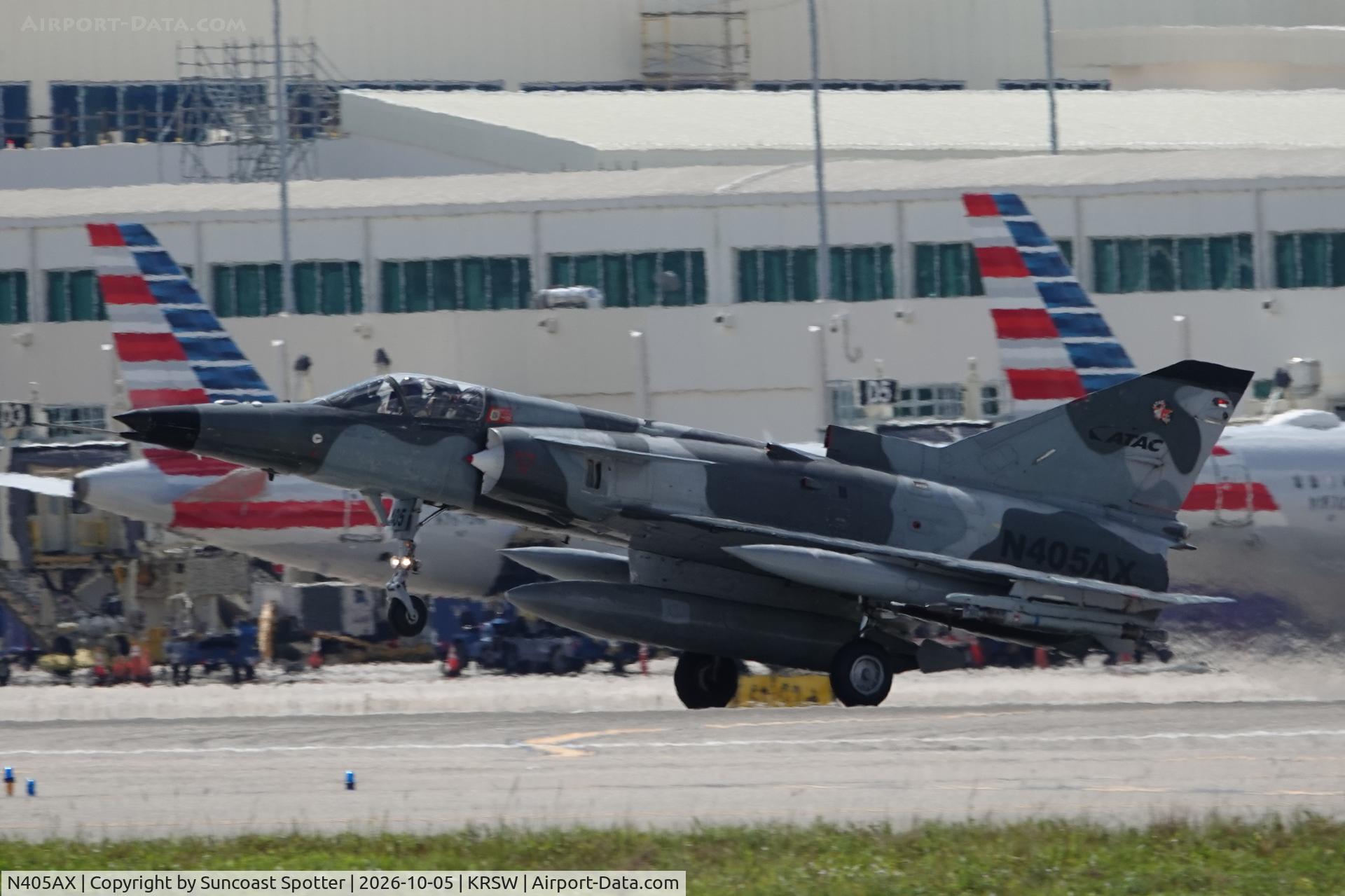 Aircraft N405AX, 1981 Israel Aircraft Industries Kfir C.2, c/n 145, A F-21 Kfir C2 departs Southwest Florida International Airport enroute to training in the Gulf of America, at KRSW, photo by Suncoast Spotter