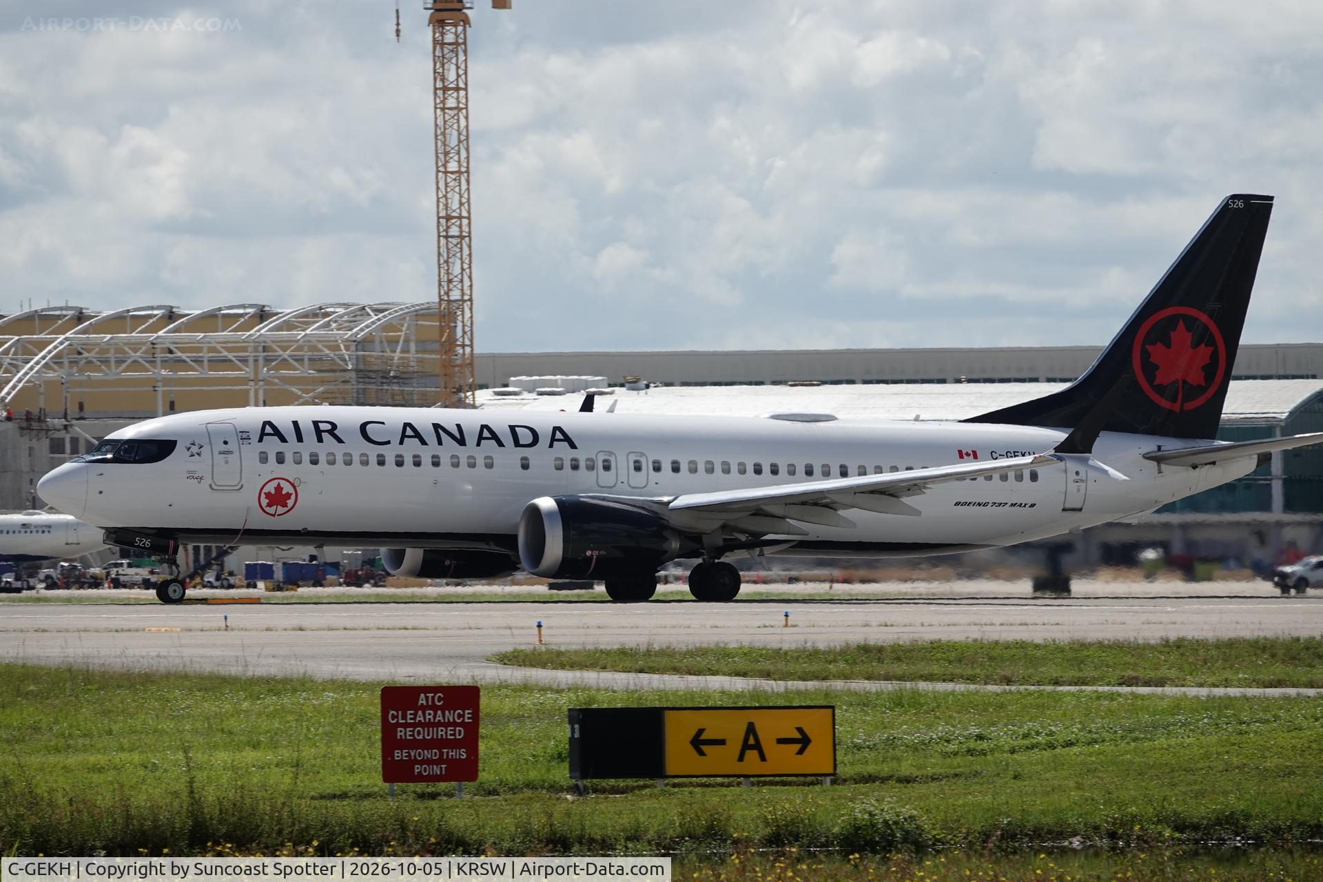 Aircraft C-GEKH, 2019 Boeing 737-8 MAX, c/n 61231 l/n 7449, Rouge 1665 departs Southwest Florida International Airport enroute to Toronto-Pearson International Airport, at KRSW, photo by Suncoast Spotter