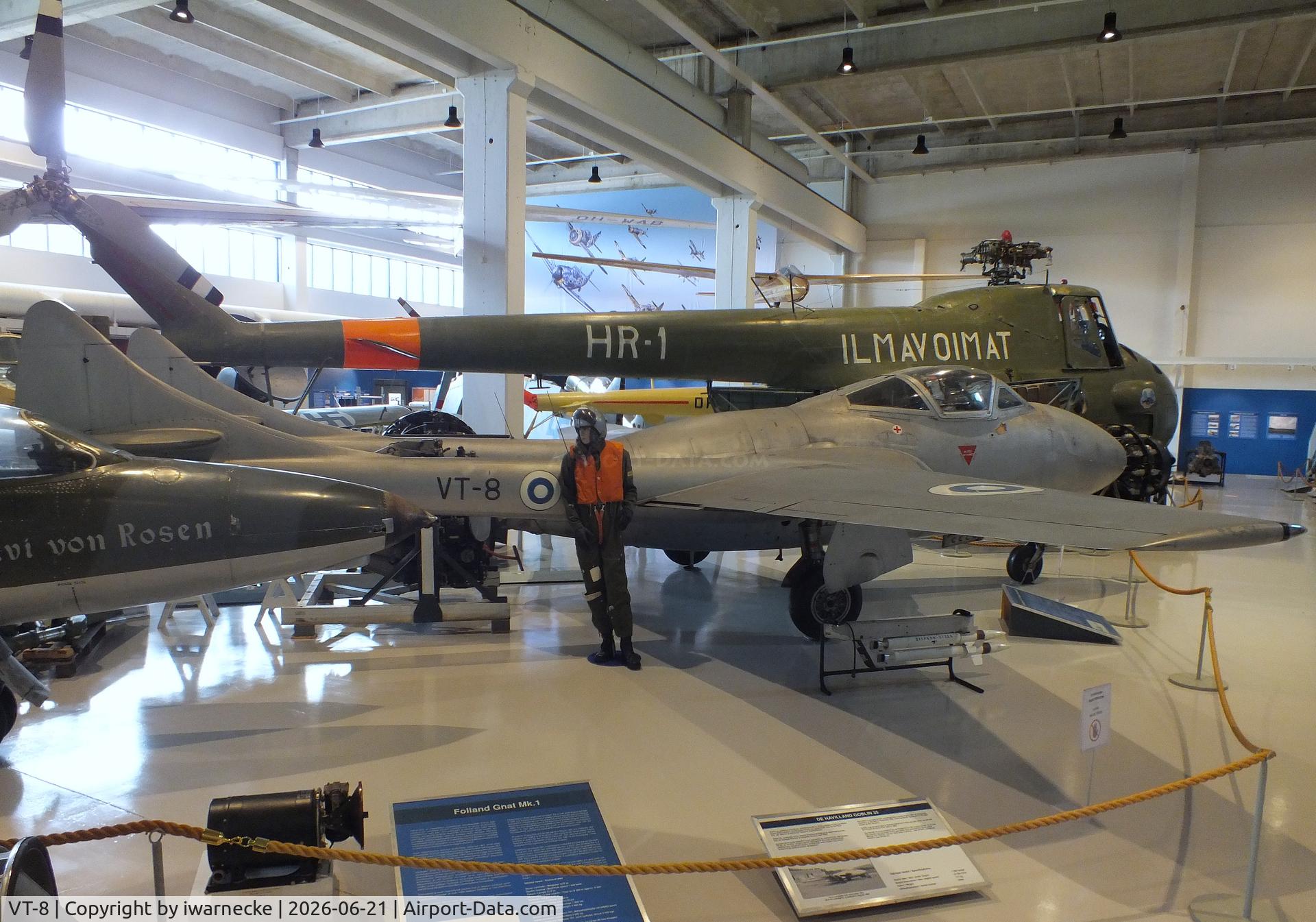 Aircraft VT-8, De Havilland DH-115 Vampire T.55, c/n 15719, De Havilland D.H.115 Vampire T55 at the Suomen Ilmavoimamuseo (Finnish Air Force Museum, formerly known as Keski-Suomen Ilmailumuseo / Aviation Museum of Central Finland), Jyväskylä-Tikkakoski, photo by iwarnecke