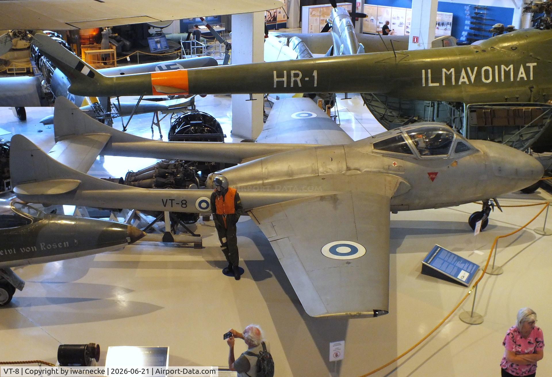 Aircraft VT-8, De Havilland DH-115 Vampire T.55, c/n 15719, De Havilland D.H.115 Vampire T55 at the Suomen Ilmavoimamuseo (Finnish Air Force Museum, formerly known as Keski-Suomen Ilmailumuseo / Aviation Museum of Central Finland), Jyväskylä-Tikkakoski, photo by iwarnecke