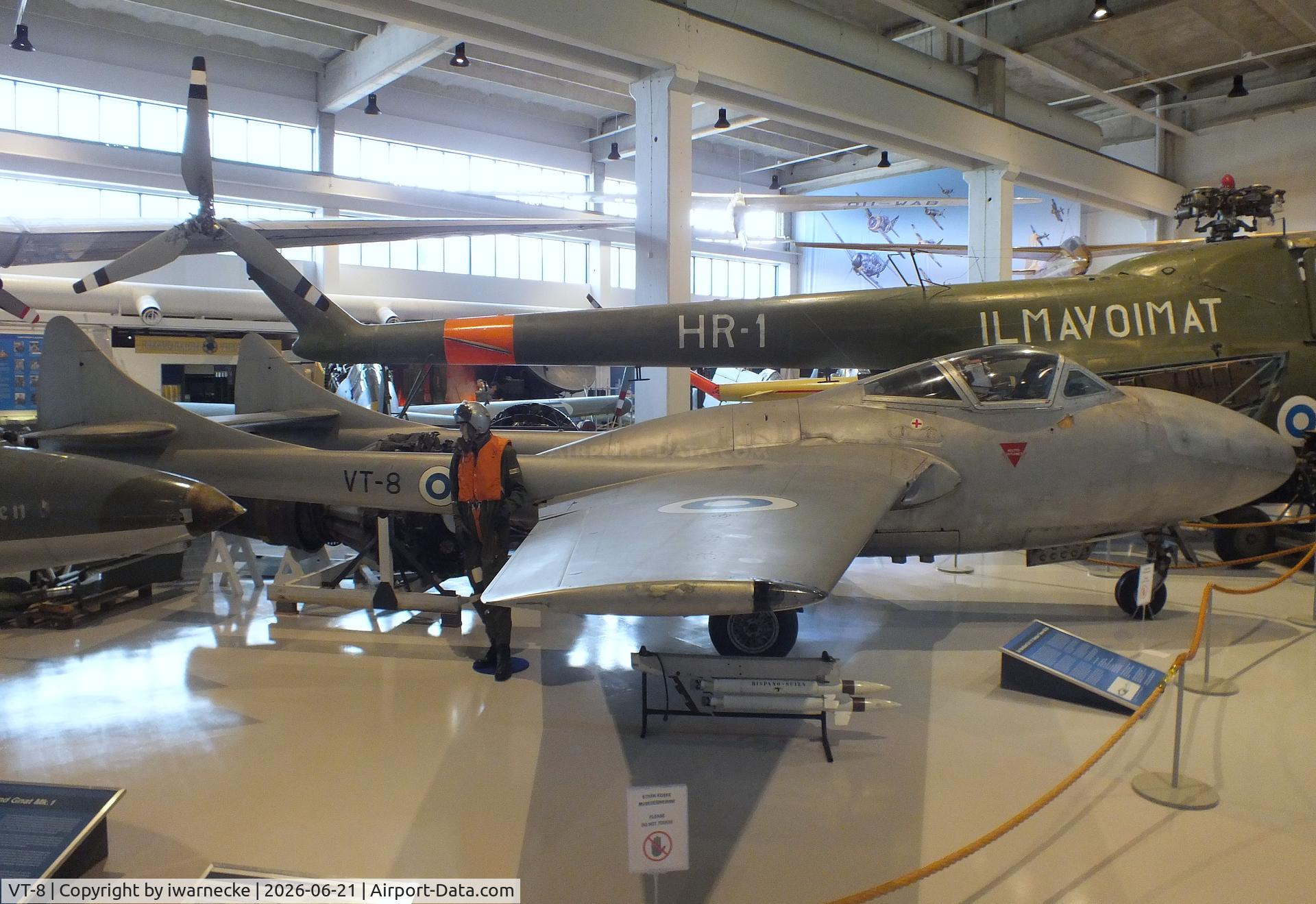 Aircraft VT-8, De Havilland DH-115 Vampire T.55, c/n 15719, De Havilland D.H.115 Vampire T55 at the Suomen Ilmavoimamuseo (Finnish Air Force Museum, formerly known as Keski-Suomen Ilmailumuseo / Aviation Museum of Central Finland), Jyväskylä-Tikkakoski, photo by iwarnecke
