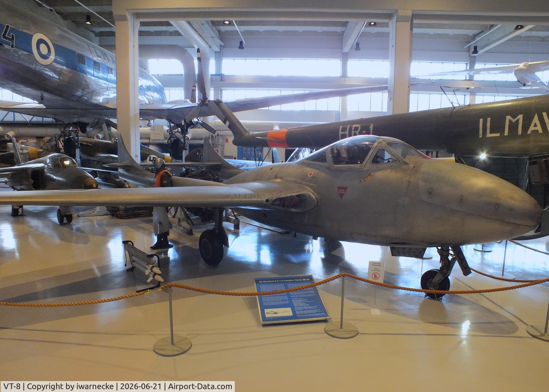 Aircraft VT-8, De Havilland DH-115 Vampire T.55, c/n 15719, De Havilland D.H.115 Vampire T55 at the Suomen Ilmavoimamuseo (Finnish Air Force Museum, formerly known as Keski-Suomen Ilmailumuseo / Aviation Museum of Central Finland), Jyväskylä-Tikkakoski, photo by iwarnecke