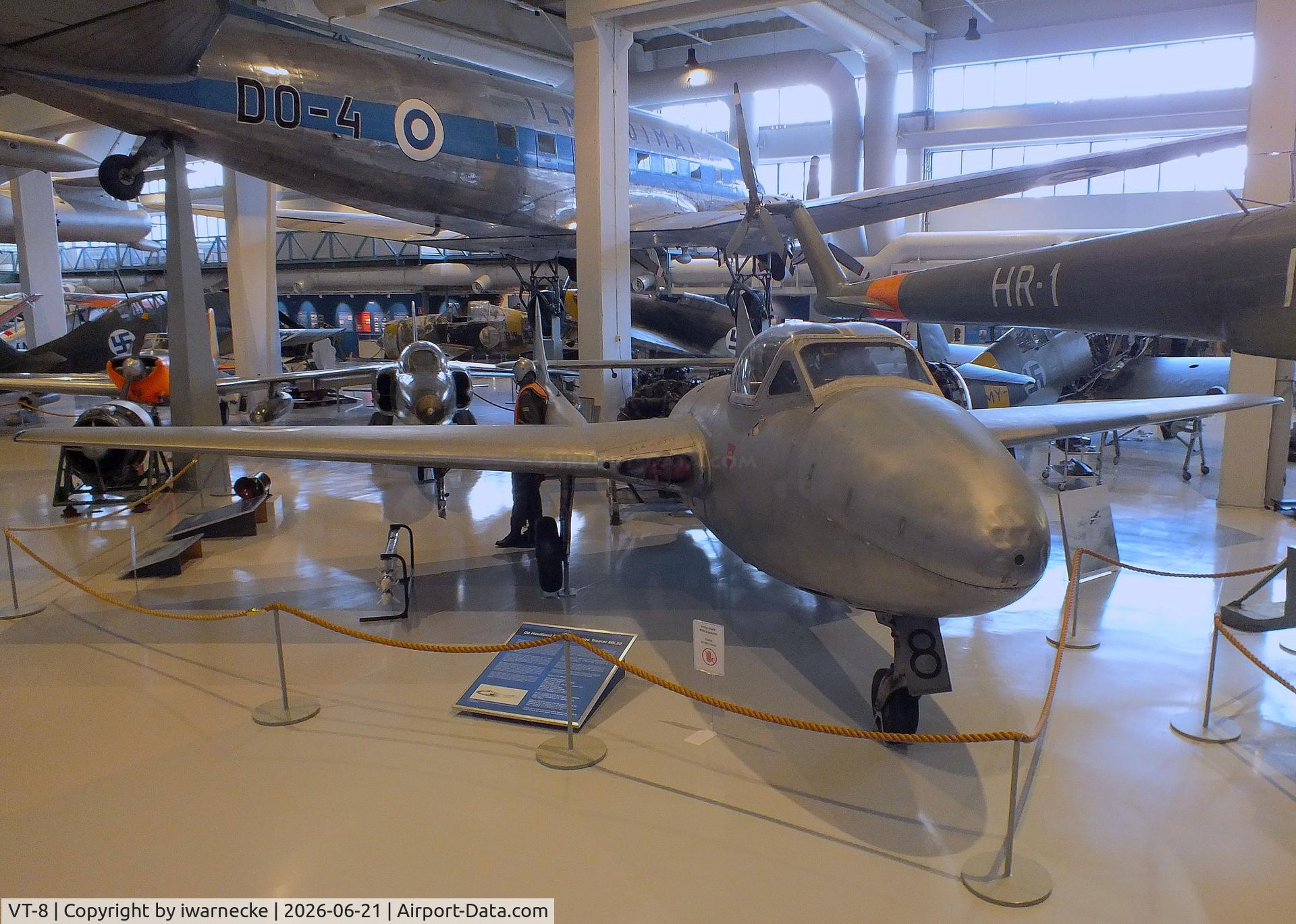 Aircraft VT-8, De Havilland DH-115 Vampire T.55, c/n 15719, De Havilland D.H.115 Vampire T55 at the Suomen Ilmavoimamuseo (Finnish Air Force Museum, formerly known as Keski-Suomen Ilmailumuseo / Aviation Museum of Central Finland), Jyväskylä-Tikkakoski, photo by iwarnecke