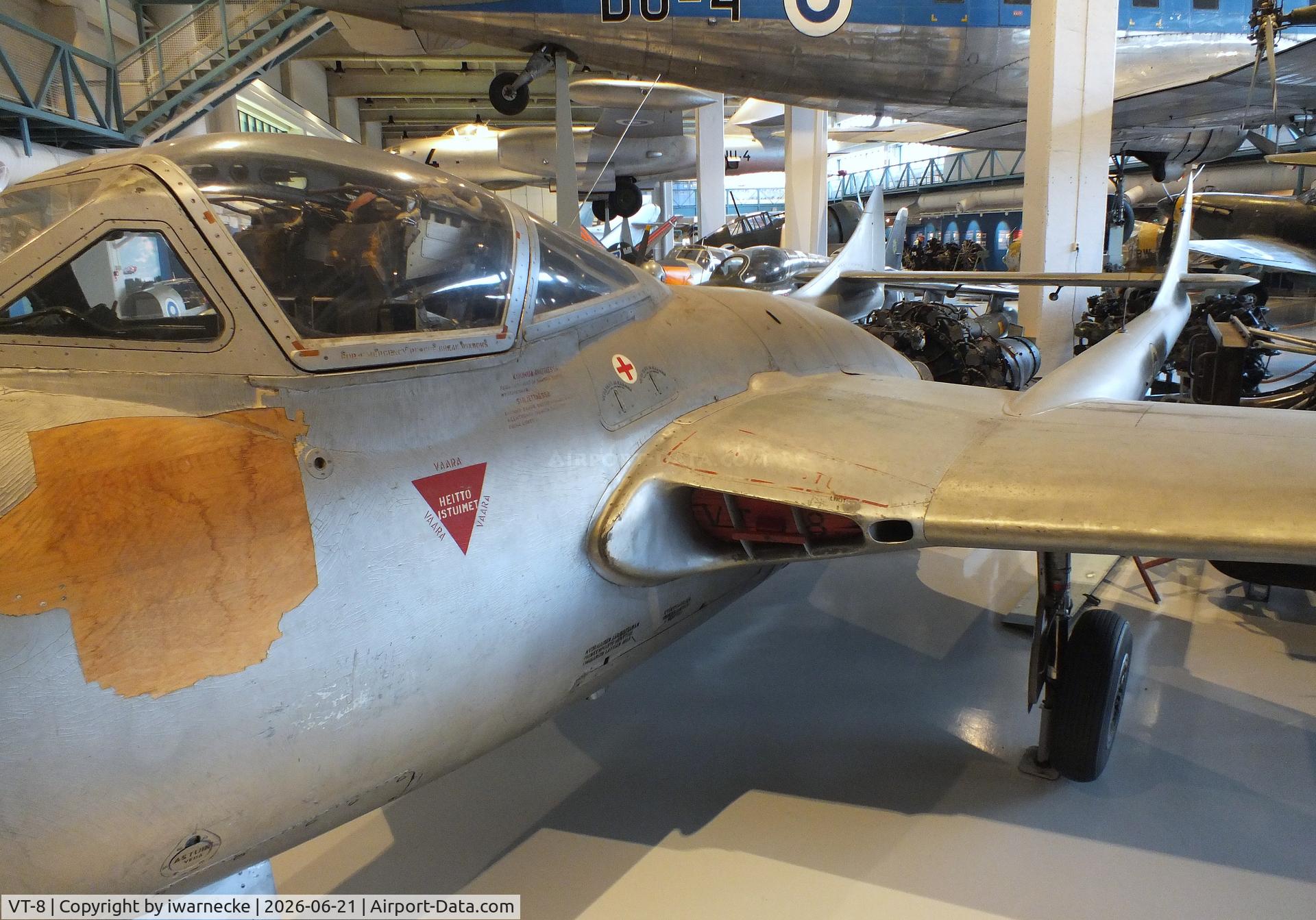 Aircraft VT-8, De Havilland DH-115 Vampire T.55, c/n 15719, De Havilland D.H.115 Vampire T55 at the Suomen Ilmavoimamuseo (Finnish Air Force Museum, formerly known as Keski-Suomen Ilmailumuseo / Aviation Museum of Central Finland), Jyväskylä-Tikkakoski, photo by iwarnecke