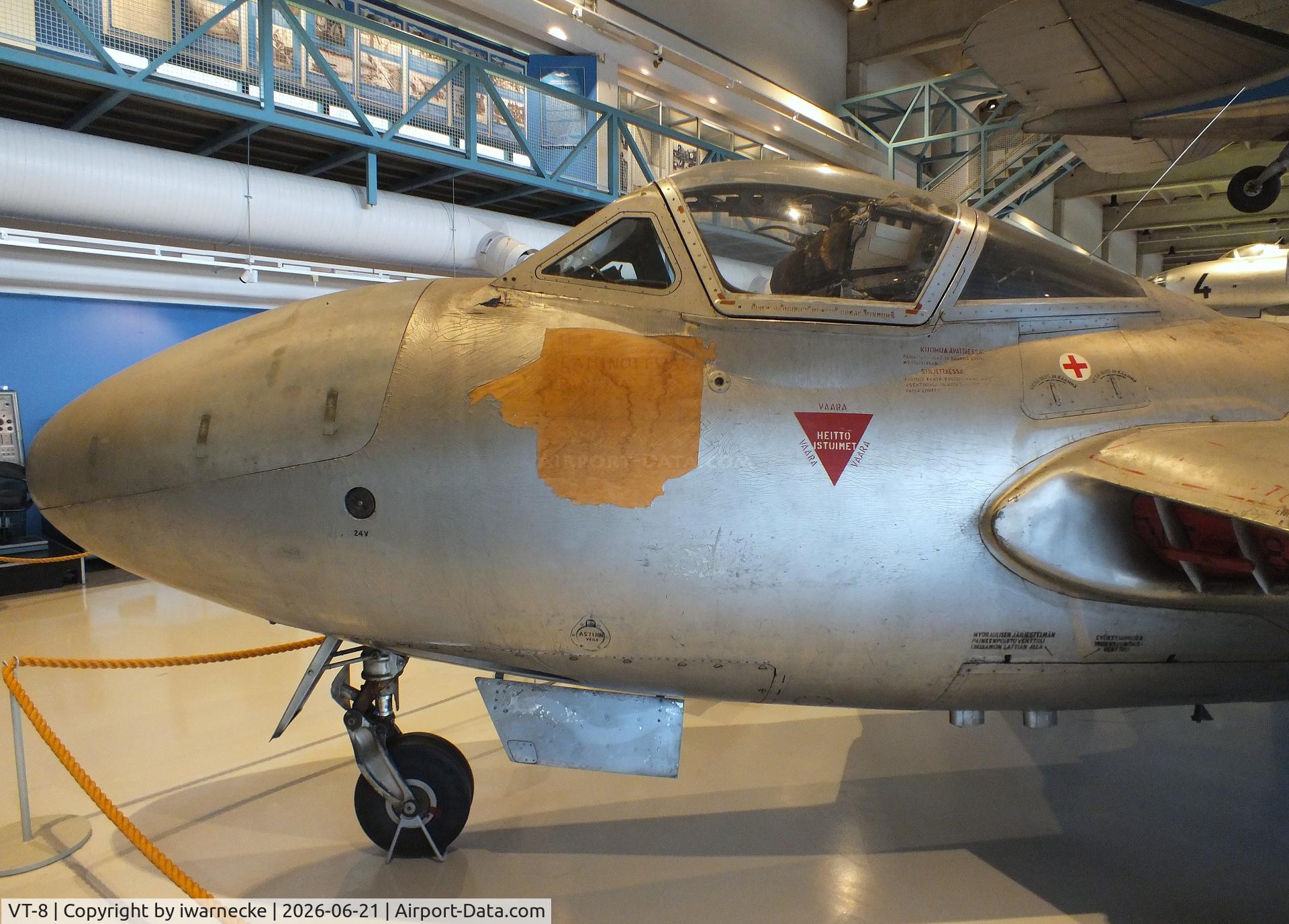 Aircraft VT-8, De Havilland DH-115 Vampire T.55, c/n 15719, De Havilland D.H.115 Vampire T55 at the Suomen Ilmavoimamuseo (Finnish Air Force Museum, formerly known as Keski-Suomen Ilmailumuseo / Aviation Museum of Central Finland), Jyväskylä-Tikkakoski, photo by iwarnecke