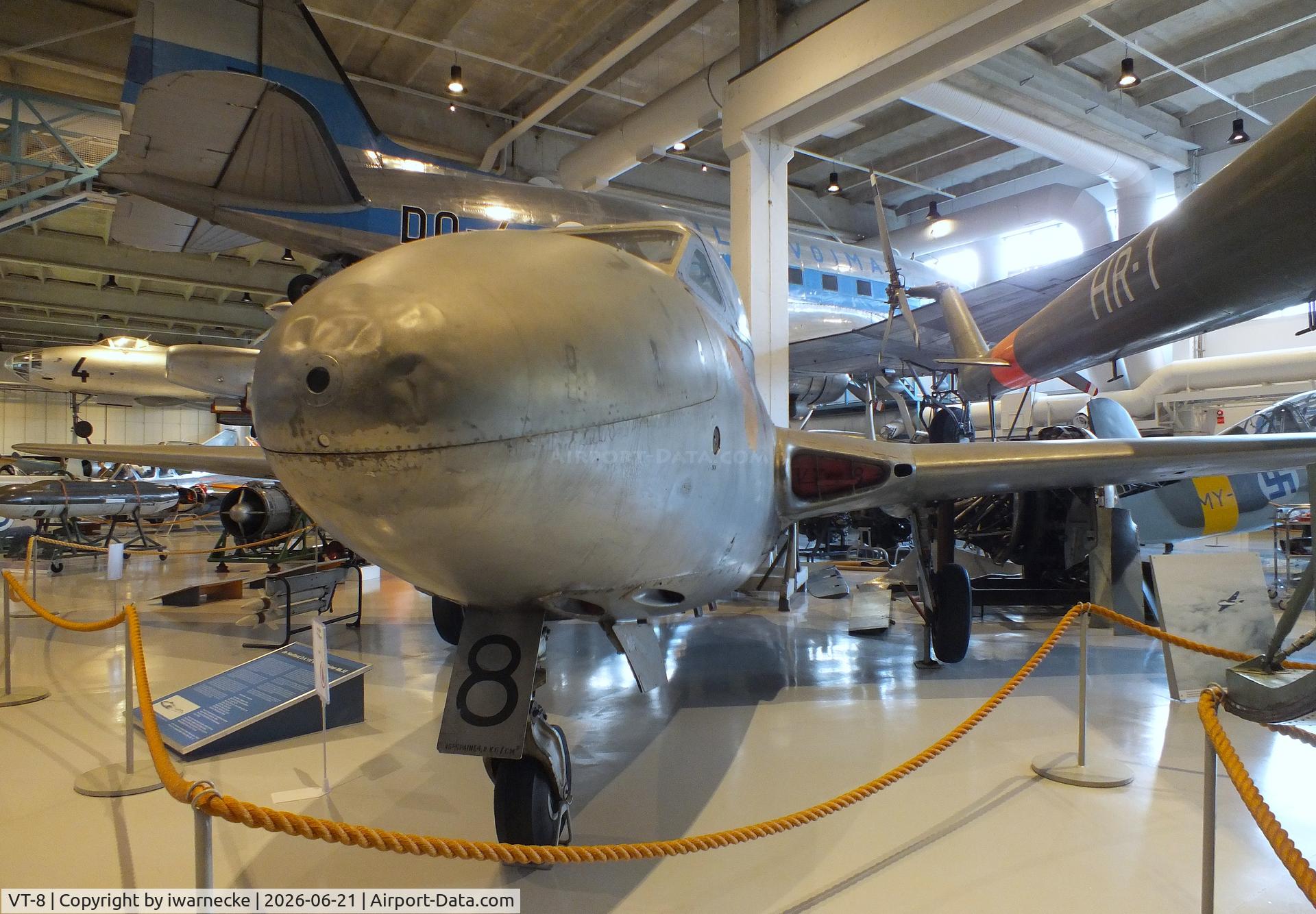Aircraft VT-8, De Havilland DH-115 Vampire T.55, c/n 15719, De Havilland D.H.115 Vampire T55 at the Suomen Ilmavoimamuseo (Finnish Air Force Museum, formerly known as Keski-Suomen Ilmailumuseo / Aviation Museum of Central Finland), Jyväskylä-Tikkakoski, photo by iwarnecke