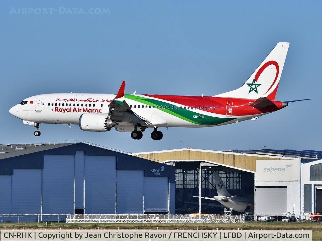 Aircraft CN-RHK, Boeing 737-8 (MAX 8), c/n 43329 l/n 8134, Casablanca (CMN) Bordeaux (BOD) AT792, at LFBD, photo by Jean Christophe Ravon / FRENCHSKY