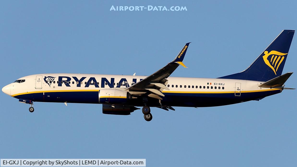 Aircraft EI-GXJ, 2018 Boeing 737-800, c/n 44859, Ryanair B737-800 (EI-GXJ), at LEMD, photo by SkyShots