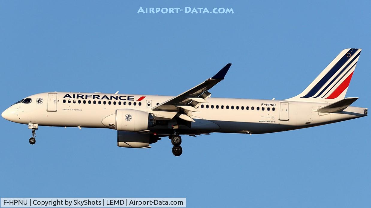 Aircraft F-HPNU, 2025 Airbus A220-300, c/n 55375, Air France A220 (F-HPNU), at LEMD, photo by SkyShots