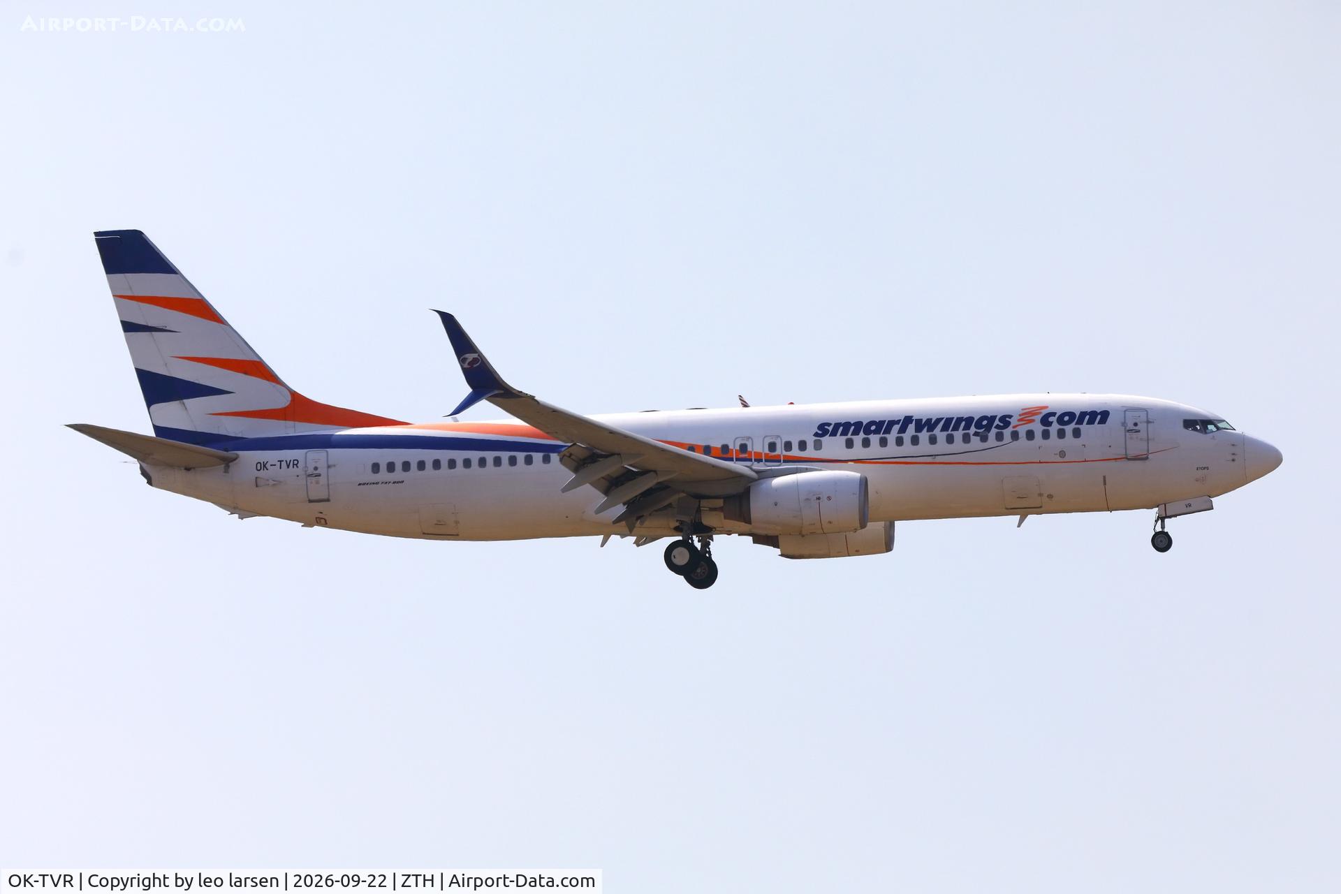Aircraft OK-TVR, 2011 Boeing 737-86N, c/n 38018 l/n 3618, Zakynthos 22.9.2026, at ZTH, photo by leo larsen