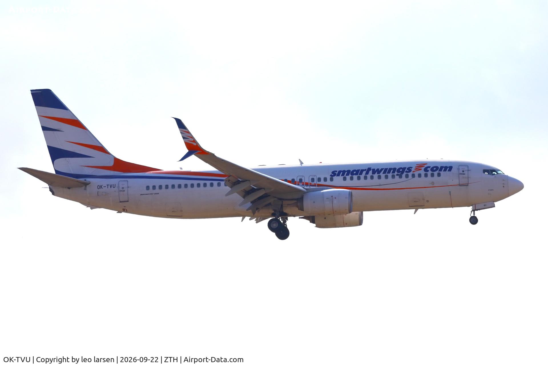 Aircraft OK-TVU, 2012 Boeing 737-86N, c/n 38025 l/n 3968, Zakynthos 22.9.2026, at ZTH, photo by leo larsen
