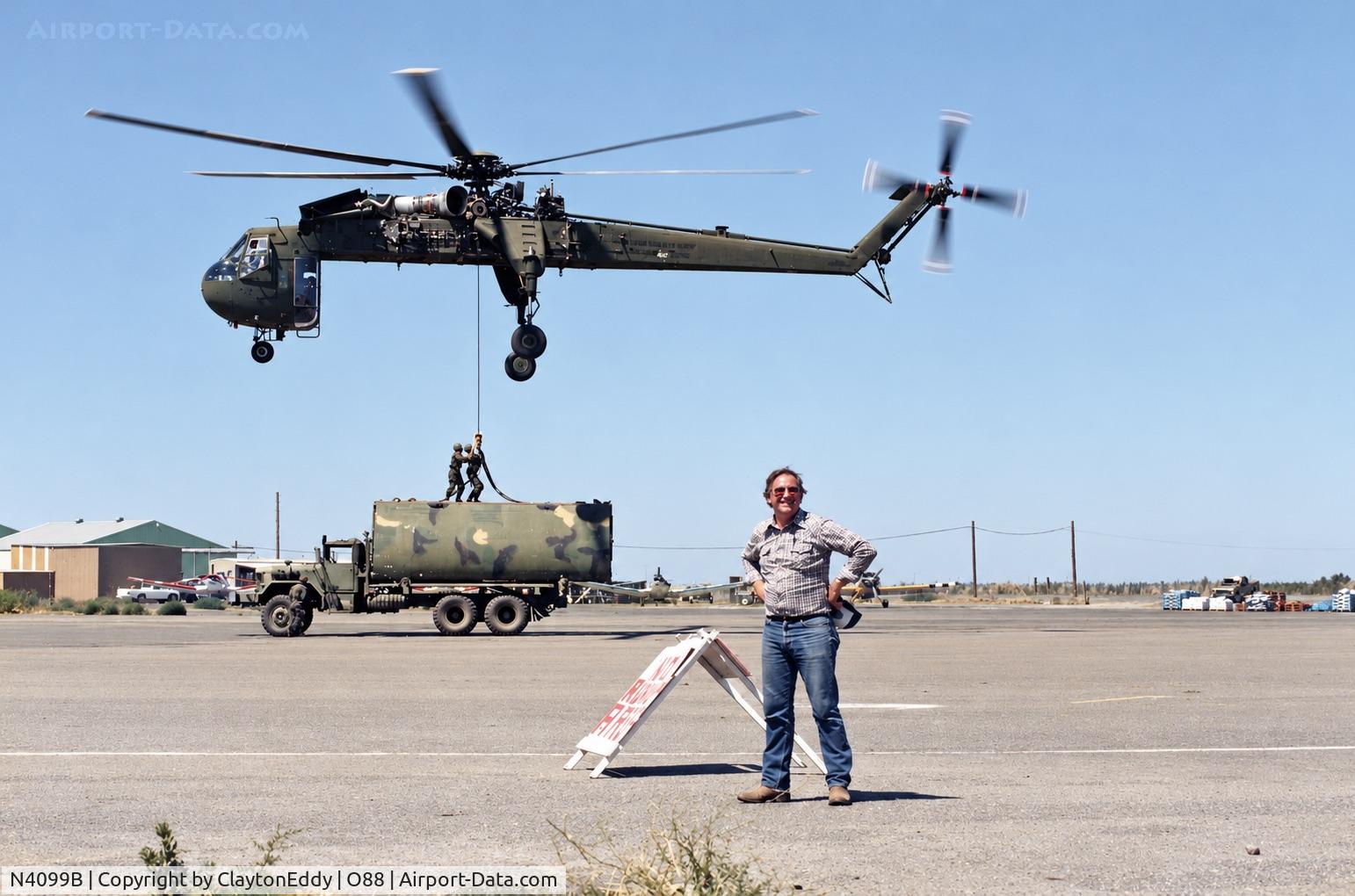 Aircraft N4099B, 1967 Erickson S64E Skycrane, c/n 64019, Old Rio Vista Airport in California 8-87 'The Rag', at O88, photo by ClaytonEddy