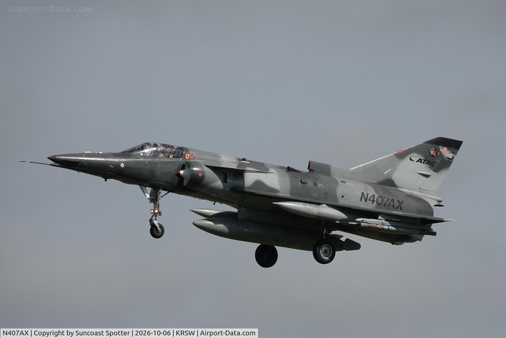 Aircraft N407AX, 1981 Israel Aircraft Industries F21KFIR-C2, c/n 125, A F-21 Kfir C2 lands at Southwest Florida International Airport following training in the Gulf of America, at KRSW, photo by Suncoast Spotter