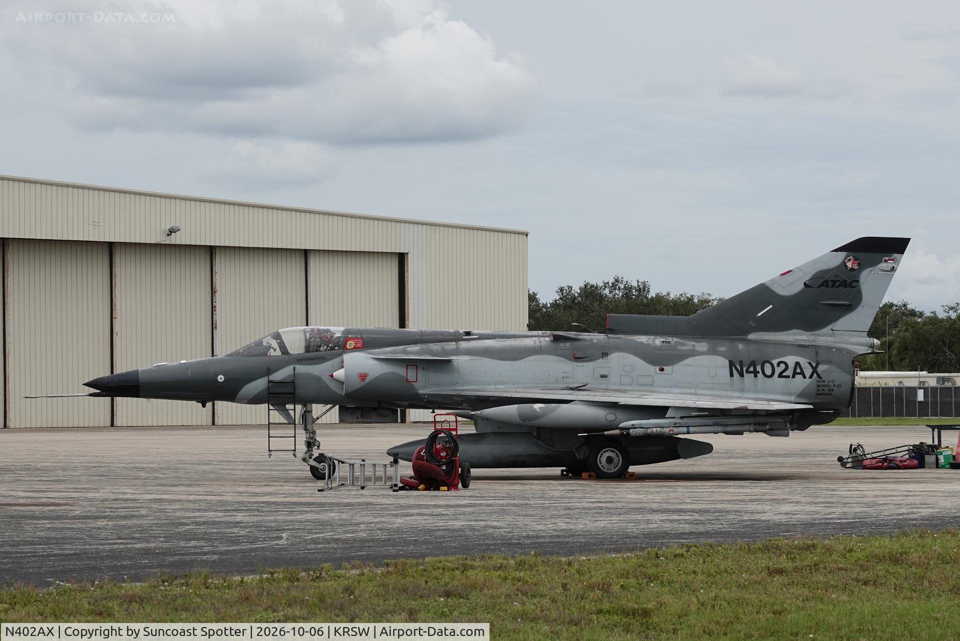 Aircraft N402AX, 1980 Israel Aircraft Industries Kfir C.2, c/n 134, A F-21 Kfir C2 sits on the Private Sky ramp at Southwest Florida International Airport, at KRSW, photo by Suncoast Spotter