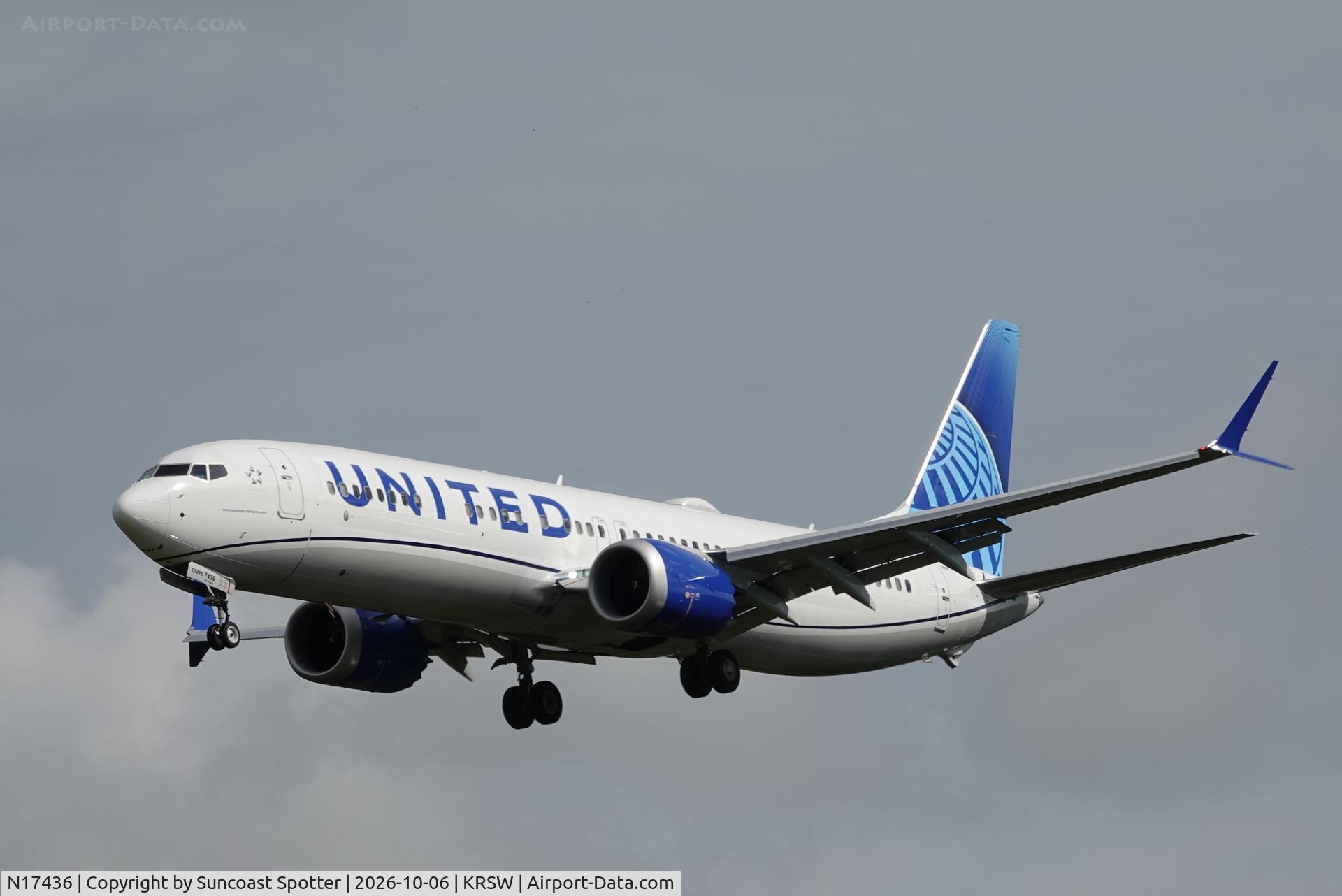 Aircraft N17436, 2026 Boeing 737 MAX 9, c/n 67748, United 1115 arrives at Southwest Florida International Airport following flight from Chicago-O’Hare International Airport, at KRSW, photo by Suncoast Spotter