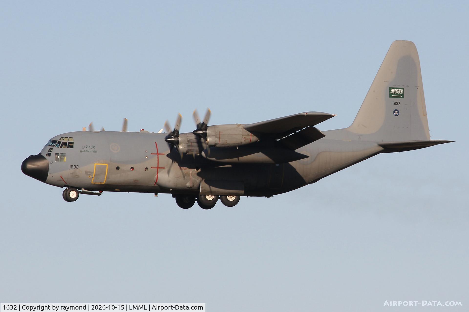 Aircraft 1632, Lockheed C-130H Hercules, c/n 382-4837, Royal Saudi Air Force Lockheed C-130H Hercules reg 1632 approaching RW31 landing in Malta as a support aircraft with Saudi Hawks Aerobatic Team., at LMML, photo by raymond