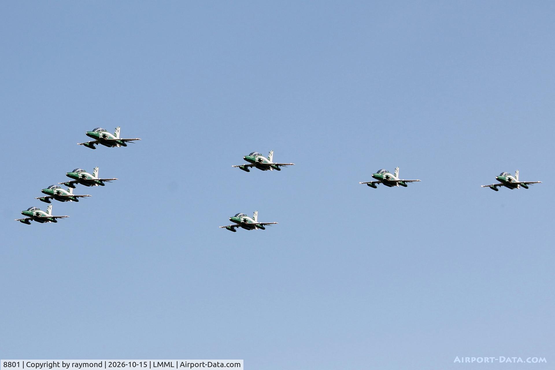 Aircraft 8801, British Aerospace Hawk 65A, c/n SA025/329, Saudi Hawks Display Team on the run in and break over RW31 Malta arriving for a night stop., at LMML, photo by raymond