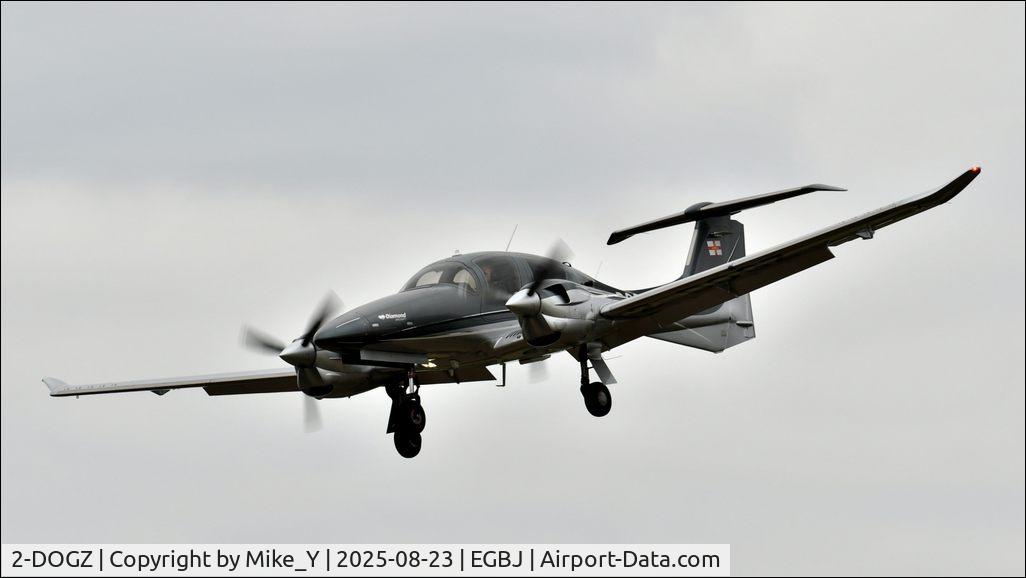Aircraft 2-DOGZ, 2019 Diamond Twin Star 62, c/n 62.122, 2019 Diamond DA-62 arriving at Gloucestershire Airport, at EGBJ, photo by Mike_Y