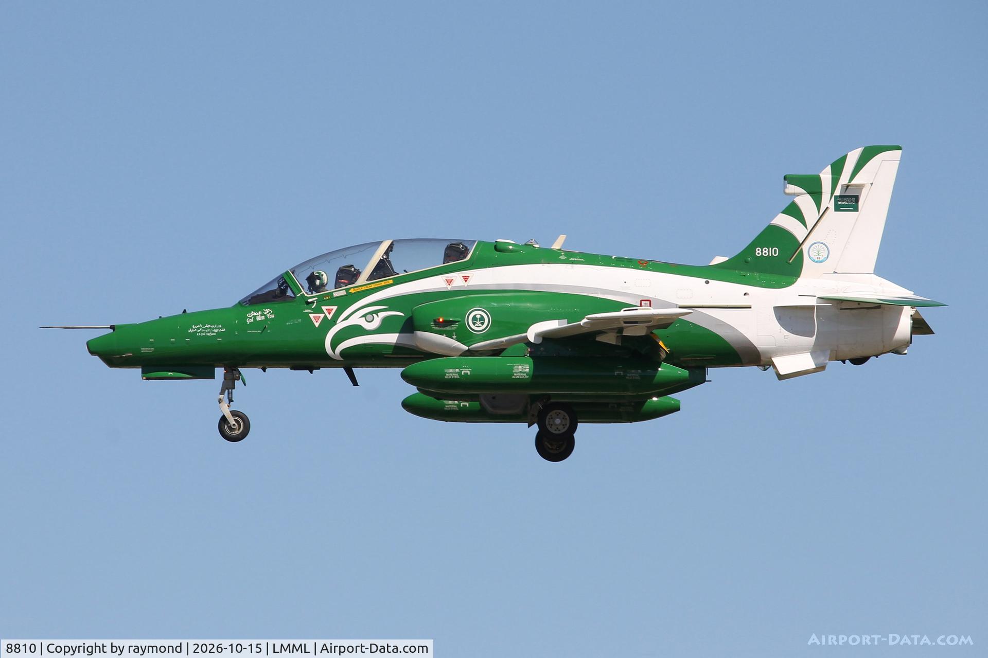 Aircraft 8810, British Aerospace Hawk Mk.165, c/n ST043, Bae Hawk Mk165 reg 8810 of Royal Saudi Aerobatic Team on final approach RW31 Malta., at LMML, photo by raymond