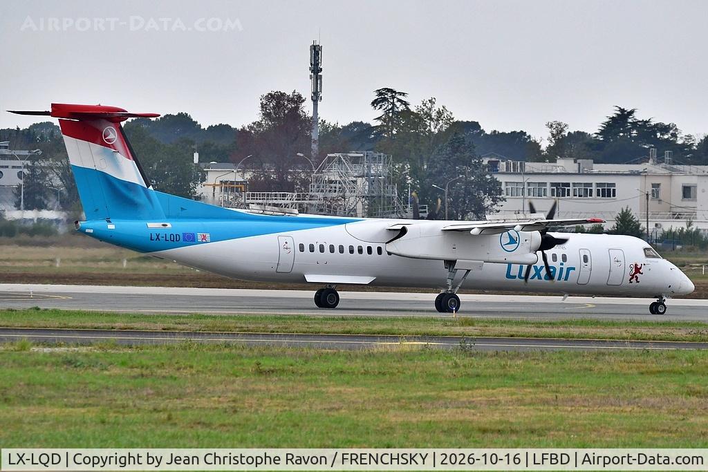 Aircraft LX-LQD, 2016 De Havilland Canada DHC-8-402Q Dash 8 Dash 8, c/n 4525, Bordeaux (BOD) Luxembourg (LUX) LG8172, at LFBD, photo by Jean Christophe Ravon / FRENCHSKY