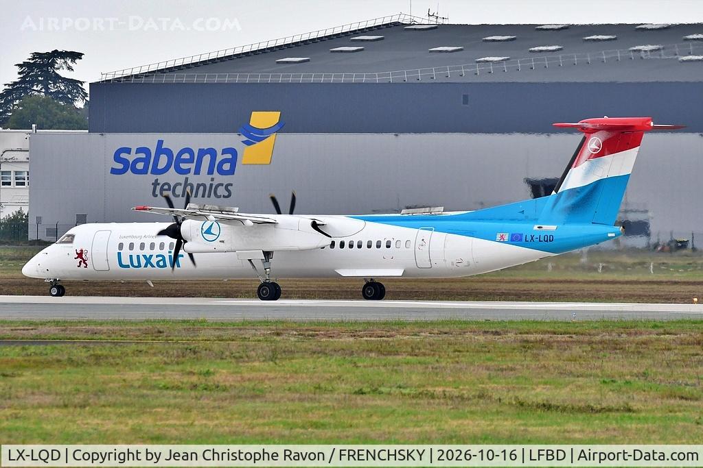 Aircraft LX-LQD, 2016 De Havilland Canada DHC-8-402Q Dash 8 Dash 8, c/n 4525, Bordeaux (BOD) Luxembourg (LUX) LG8172, at LFBD, photo by Jean Christophe Ravon / FRENCHSKY