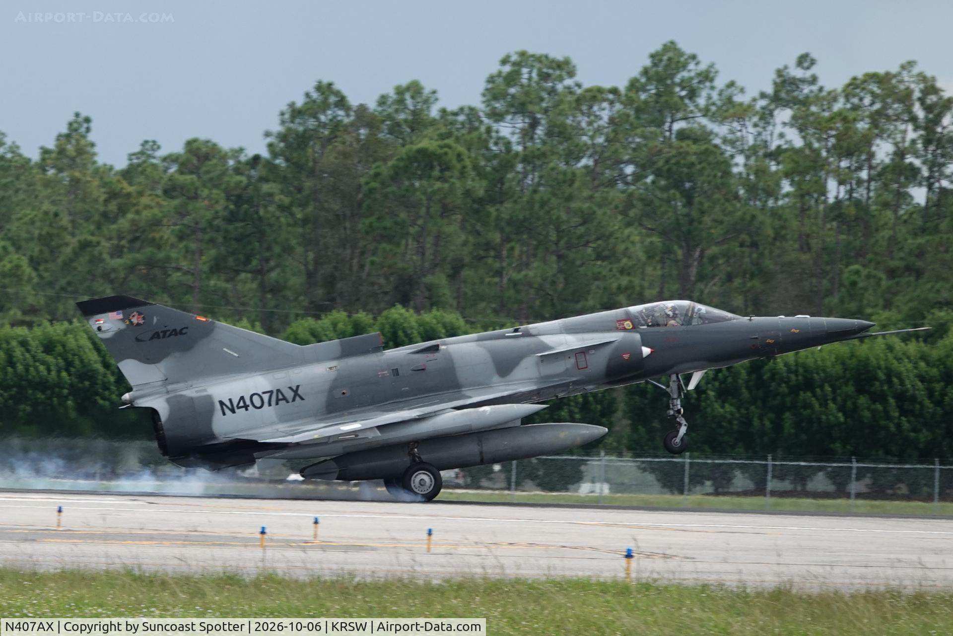 Aircraft N407AX, 1981 Israel Aircraft Industries F21KFIR-C2, c/n 125, A F-21 Kfir C2 lands at Southwest Florida International Airport following training in the Gulf of America, at KRSW, photo by Suncoast Spotter
