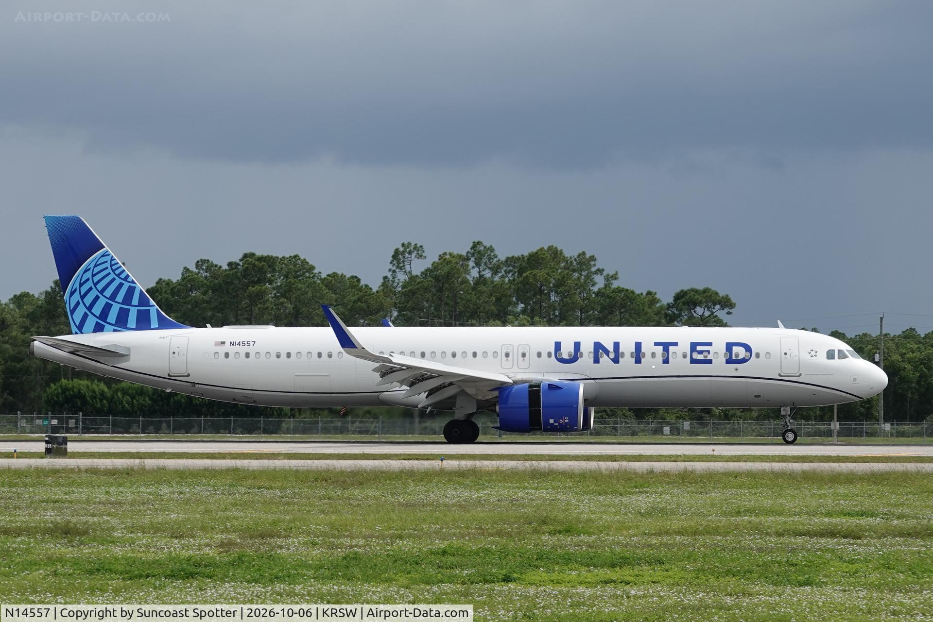 Aircraft N14557, 2026 Airbus A321-271NX, c/n 13070, United 2137 arrives at Southwest Florida International Airport following flight from Chicago-O’Hare International Airport, at KRSW, photo by Suncoast Spotter