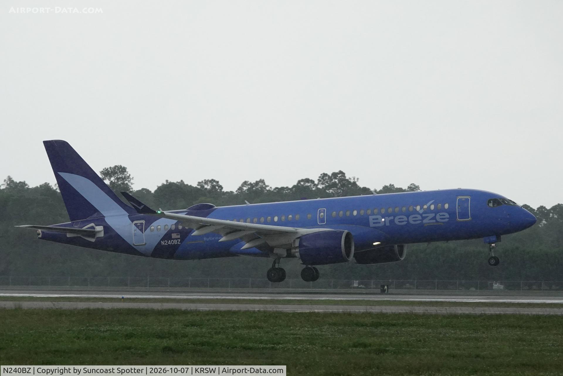 Aircraft N240BZ, 2024 Airbus A220-371, c/n 55300, Moxy 1533 arrives at Southwest Florida International Airport following flight from TF Green Airport, at KRSW, photo by Suncoast Spotter