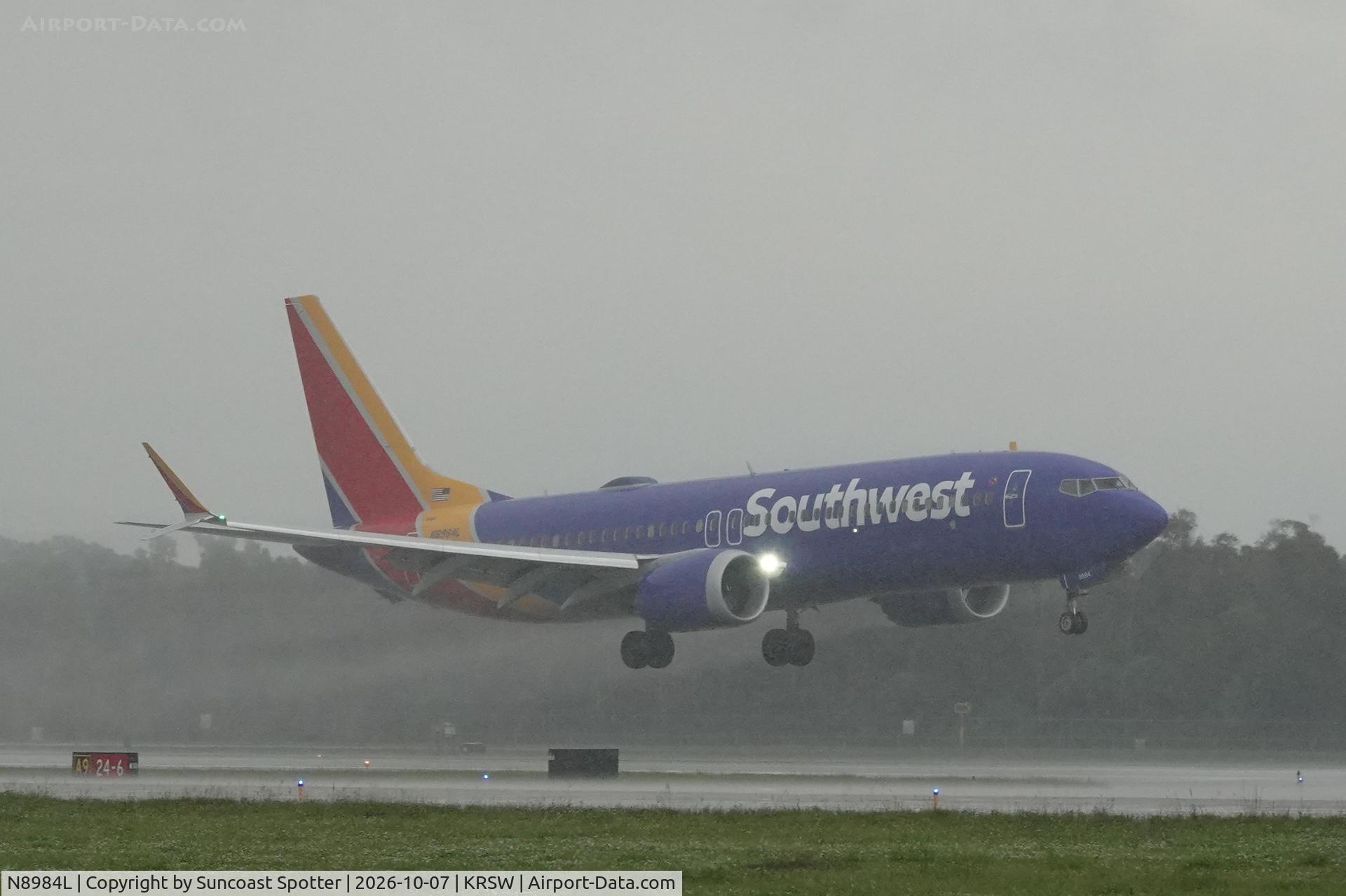 Aircraft N8984L, 2025 Boeing 737-8, c/n 42692, Southwest 2792 arrives at Southwest Florida International Airport following flight from Orlando International Airport, at KRSW, photo by Suncoast Spotter