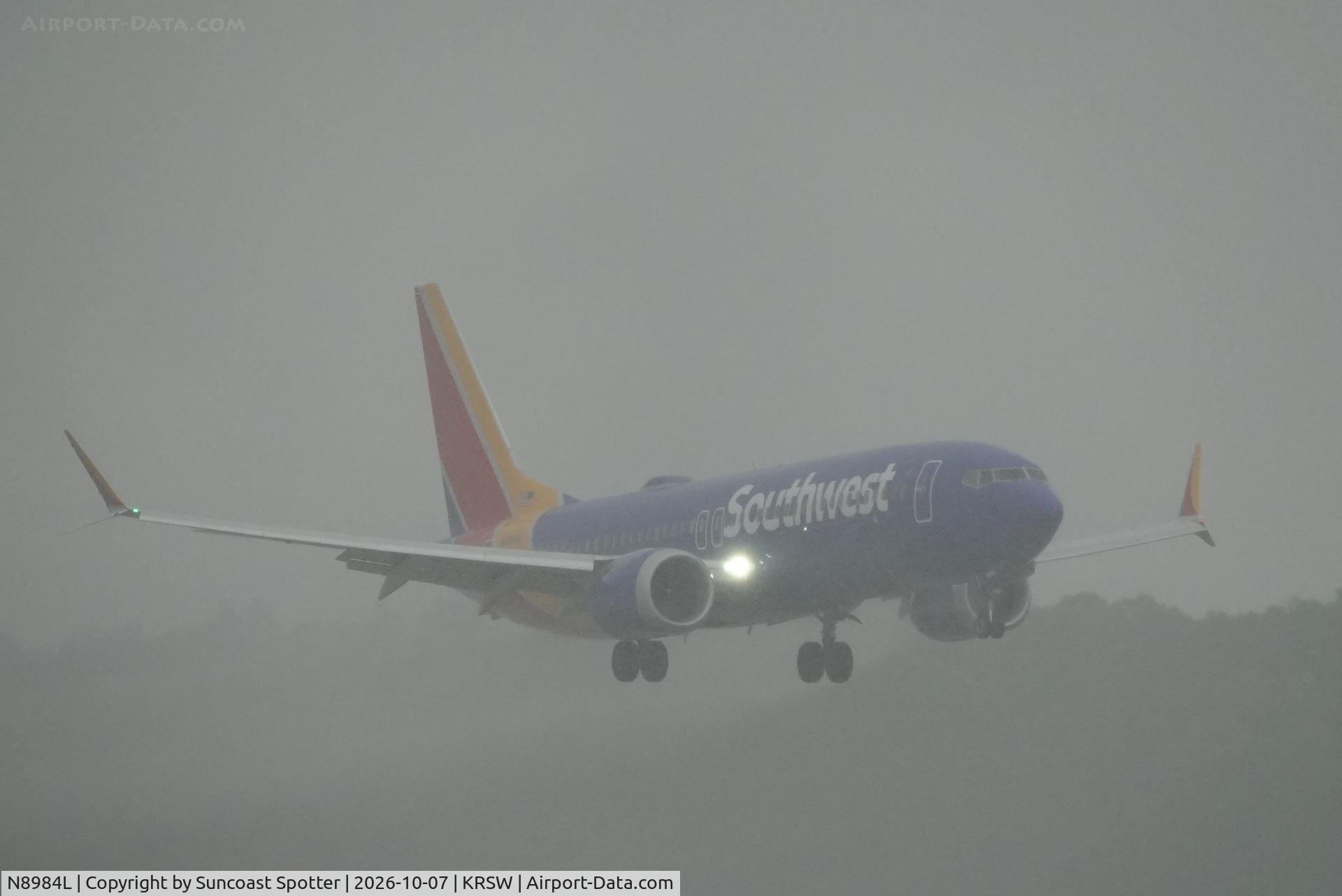 Aircraft N8984L, 2025 Boeing 737-8, c/n 42692, Southwest 2792 arrives at Southwest Florida International Airport following flight from Orlando International Airport, at KRSW, photo by Suncoast Spotter