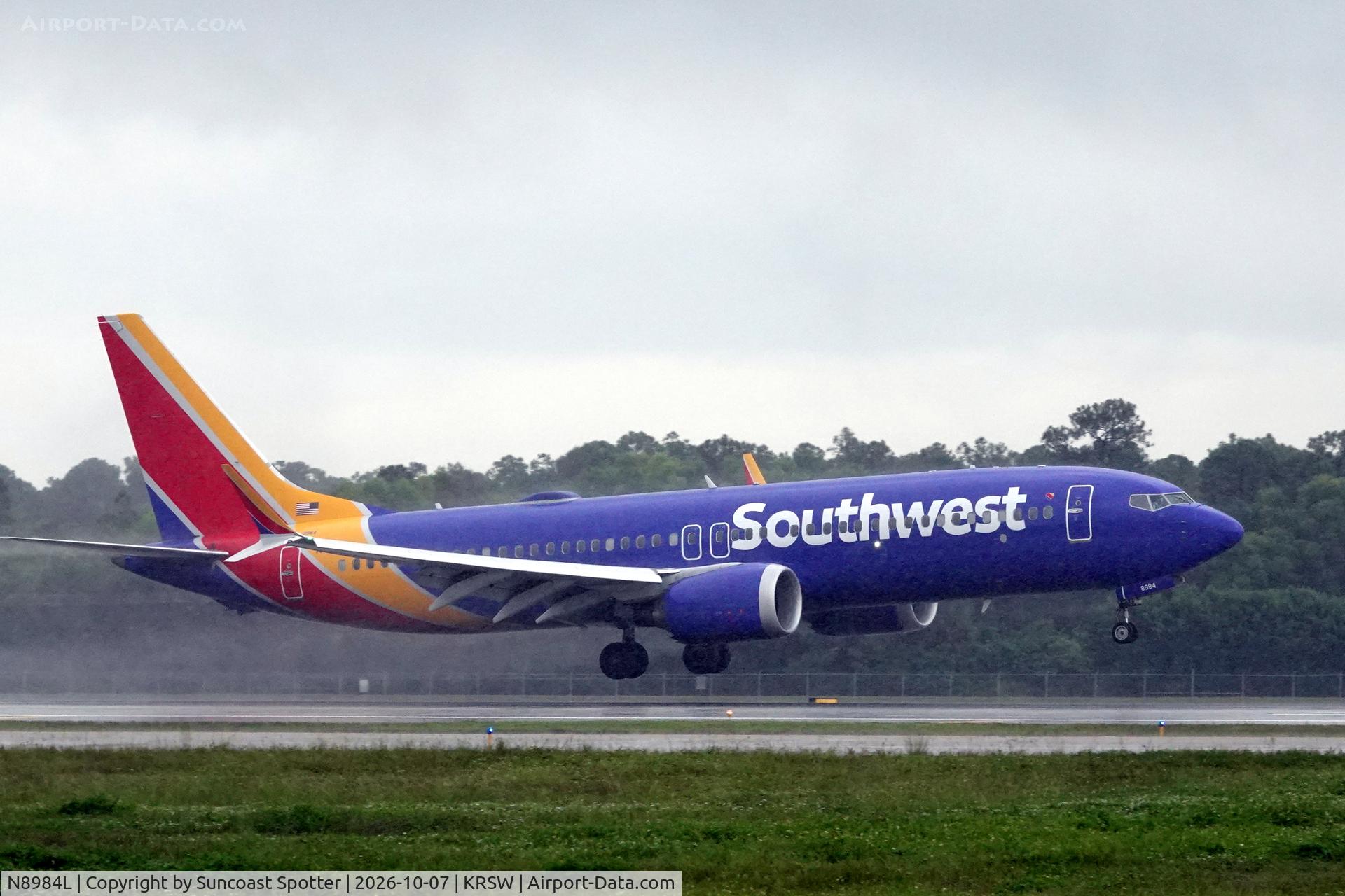 Aircraft N8984L, 2025 Boeing 737-8, c/n 42692, Southwest 2792 arrives at Southwest Florida International Airport following flight from Orlando International Airport, at KRSW, photo by Suncoast Spotter
