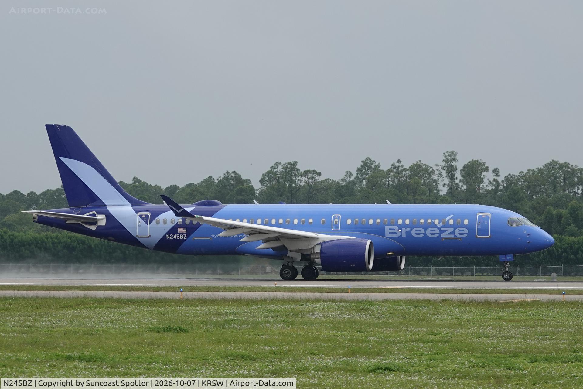 Aircraft N245BZ, 2024 Airbus A220-371, c/n 55326, Moxy 202 departs Southwest Florida International Airport enroute to Norfolk International Airport, at KRSW, photo by Suncoast Spotter