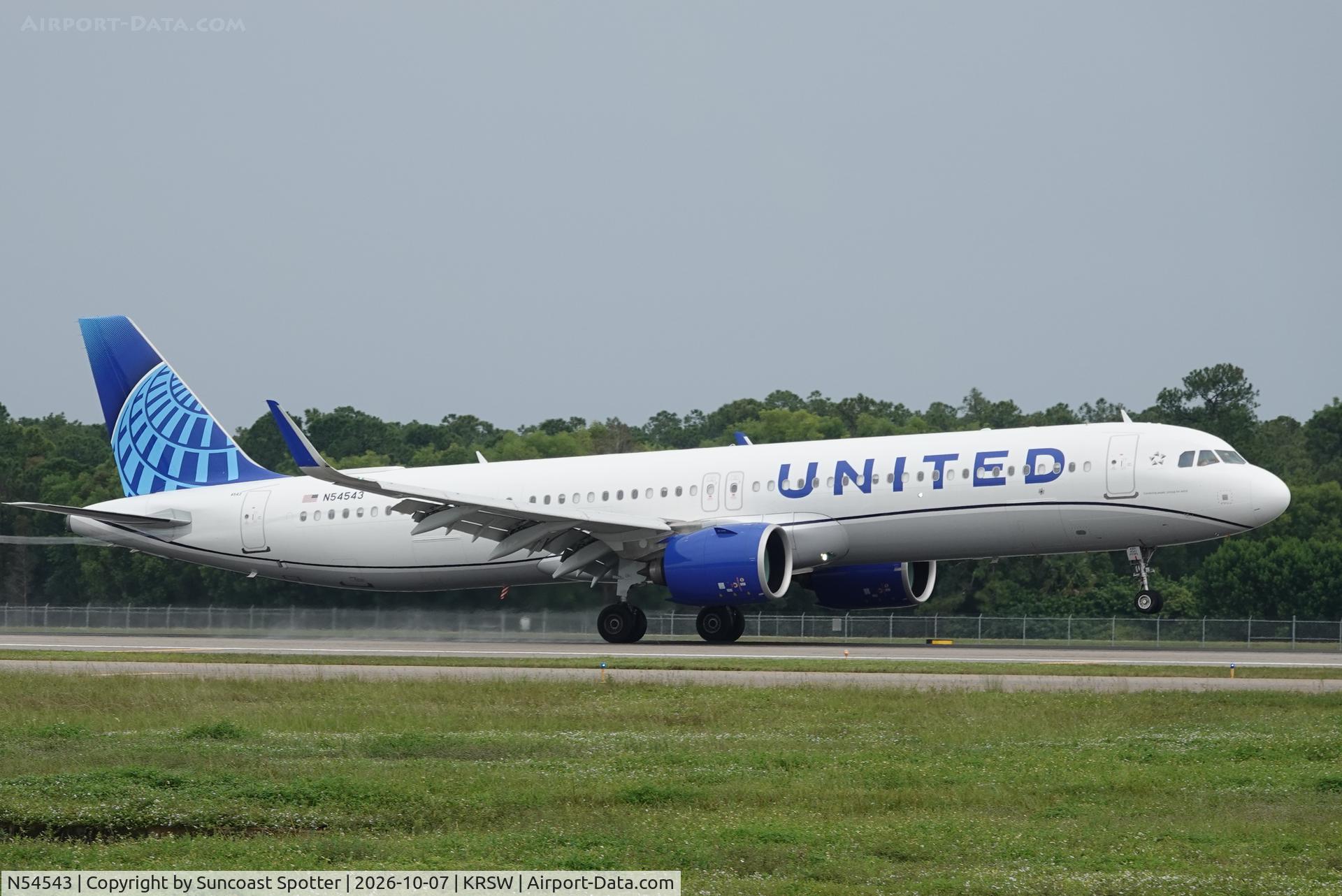 Aircraft N54543, 2025 Airbus A321-271NX, c/n 12634, United 2137 arrives at Southwest Florida International Airport following flight from Chicago-O’Hare International Airport, at KRSW, photo by Suncoast Spotter