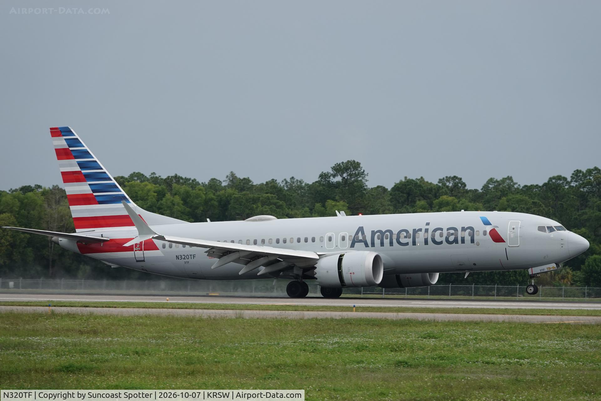 Aircraft N320TF, 2023 Boeing 737-8, c/n 68100, American 1288 arrives at Southwest Florida International Airport following flight from Charlotte-Douglas International Airport, at KRSW, photo by Suncoast Spotter