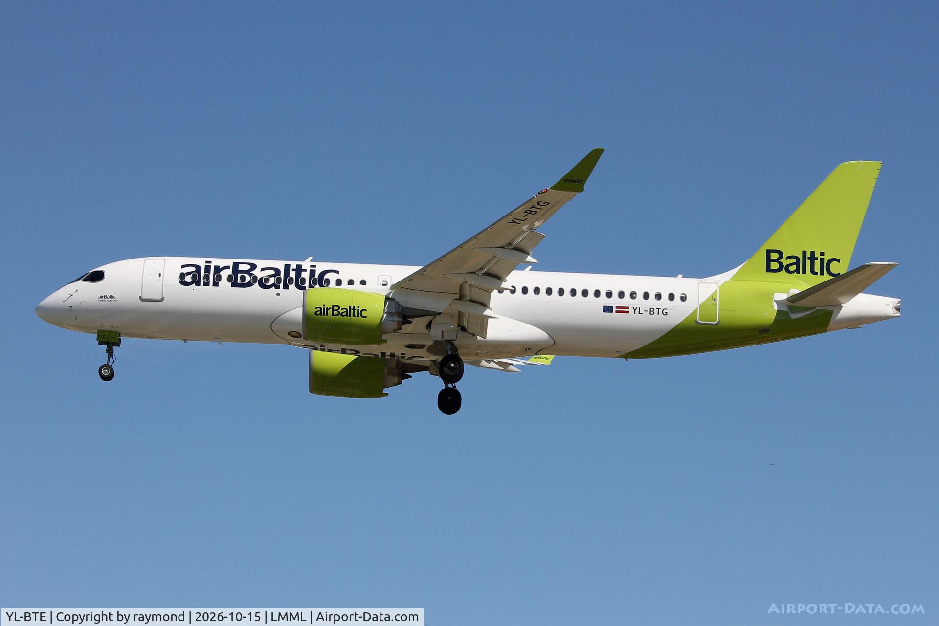 Aircraft YL-BTE, 2026 Airbus A220-300, c/n 55436, Airbus A220-300 reg YL-BTE of Air Baltic landing in Malta RW31., at LMML, photo by raymond