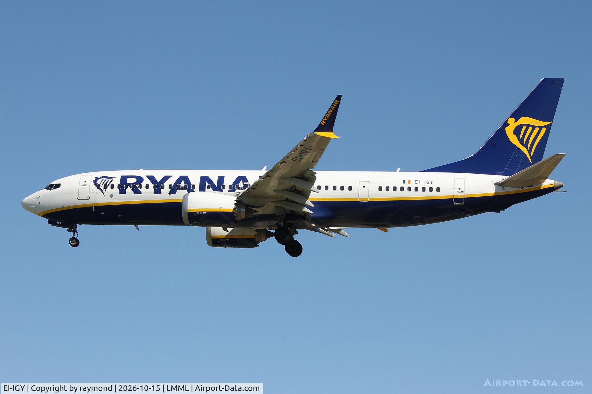 Aircraft EI-IGY, Boeing 737- MAX 8, c/n 67078, Boeing 737-8 MAX reg EI-IGY of Ryanair approaching RW31 Malta., at LMML, photo by raymond