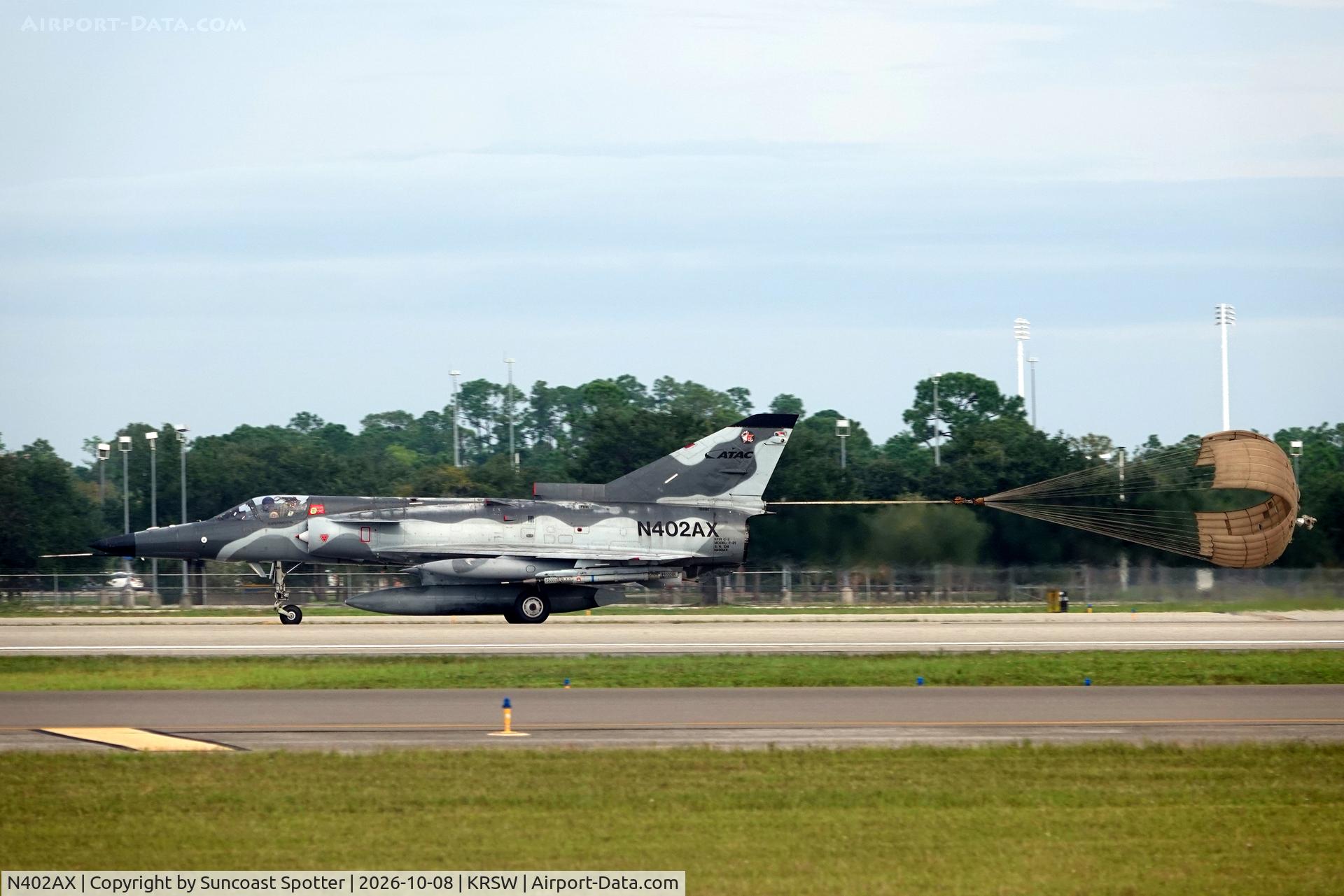 Aircraft N402AX, 1980 Israel Aircraft Industries Kfir C.2, c/n 134, A F-21 Kfir C2 arrives at Southwest Florida International Airport following training in the Gulf of America, at KRSW, photo by Suncoast Spotter