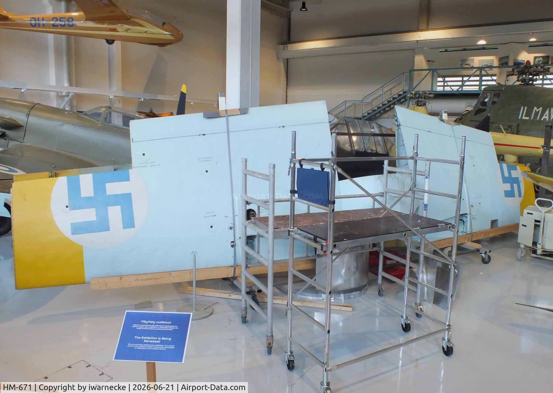 Aircraft HM-671, VL Humu, c/n 632567, Valtion lentokonetehdas VL Humu (finnish 'copy' of a Brewster Buffalo with wooden wing) at the Suomen Ilmavoimamuseo (Finnish Air Force Museum, formerly known as Keski-Suomen Ilmailumuseo / Aviation Museum of Central Finland), Jyväskylä-Tikkakoski, photo by iwarnecke