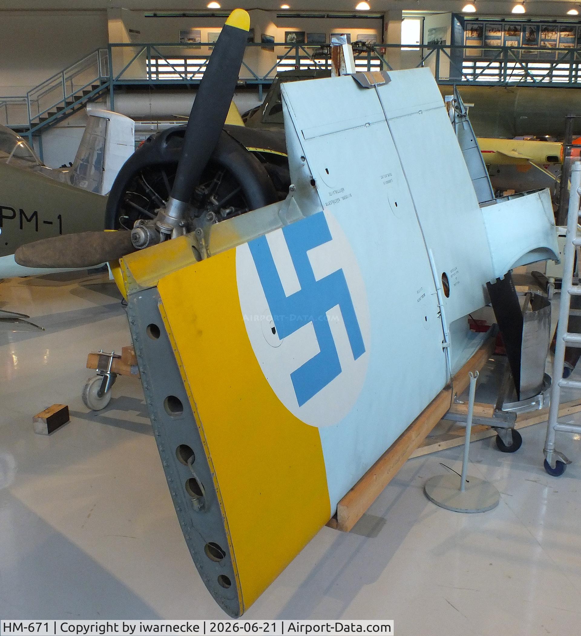 Aircraft HM-671, VL Humu, c/n 632567, Valtion lentokonetehdas VL Humu (finnish 'copy' of a Brewster Buffalo with wooden wing) at the Suomen Ilmavoimamuseo (Finnish Air Force Museum, formerly known as Keski-Suomen Ilmailumuseo / Aviation Museum of Central Finland), Jyväskylä-Tikkakoski, photo by iwarnecke