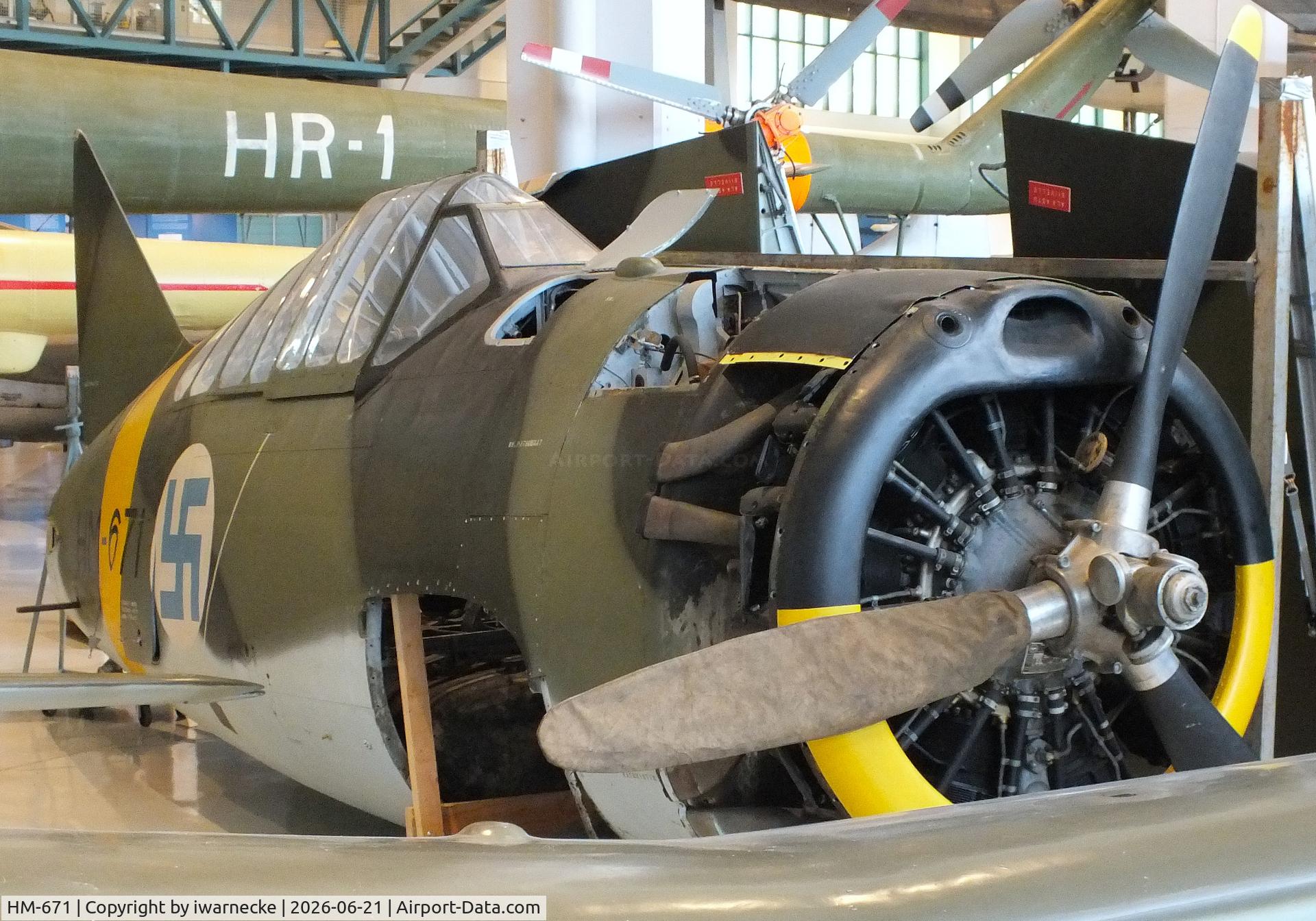 Aircraft HM-671, VL Humu, c/n 632567, Valtion lentokonetehdas VL Humu (finnish 'copy' of a Brewster Buffalo with wooden wing) at the Suomen Ilmavoimamuseo (Finnish Air Force Museum, formerly known as Keski-Suomen Ilmailumuseo / Aviation Museum of Central Finland), Jyväskylä-Tikkakoski, photo by iwarnecke
