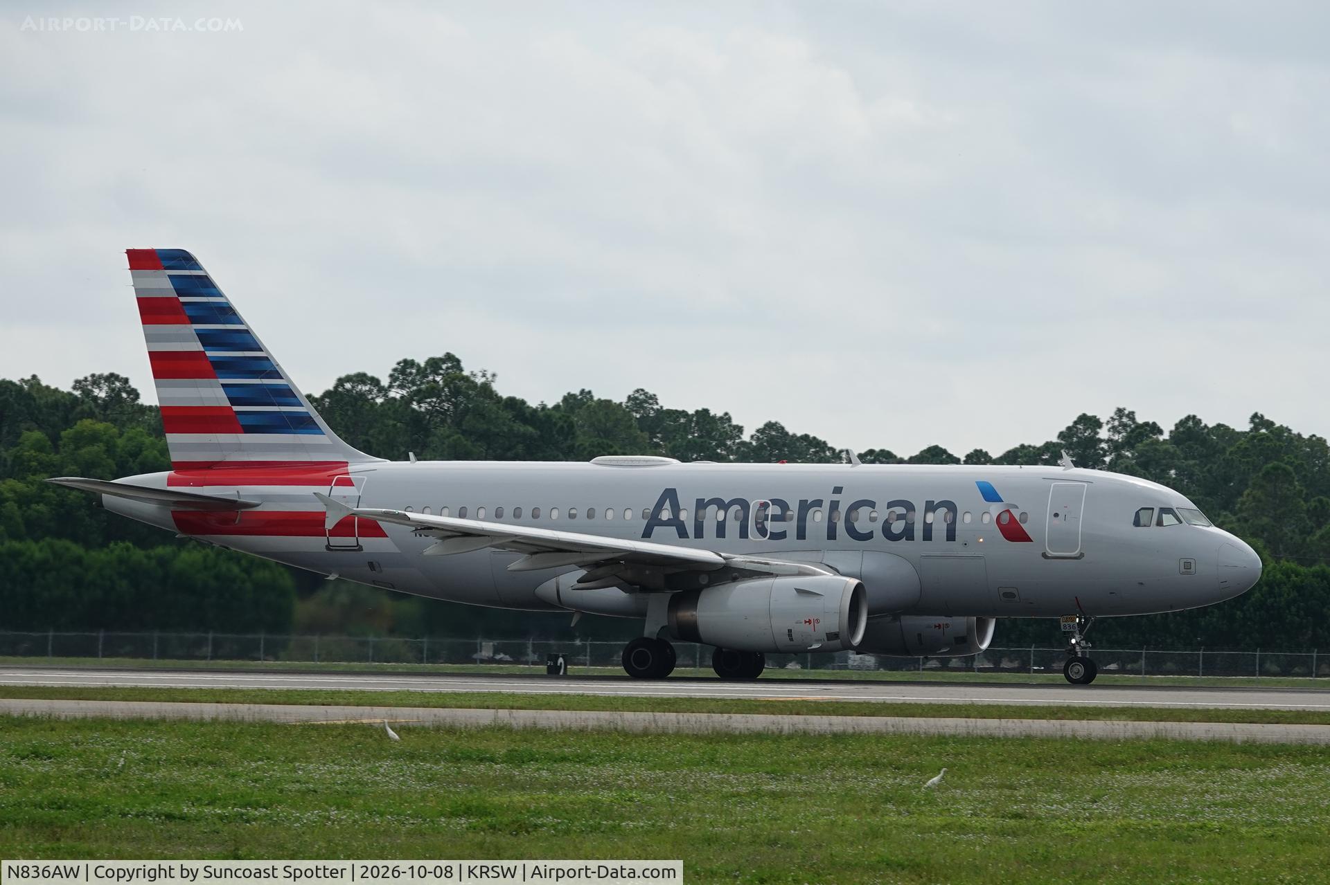 Aircraft N836AW, 2005 Airbus A319-132, c/n 2570, American 2916 departs Southwest Florida International Airport enroute to Reagan National Airport, at KRSW, photo by Suncoast Spotter