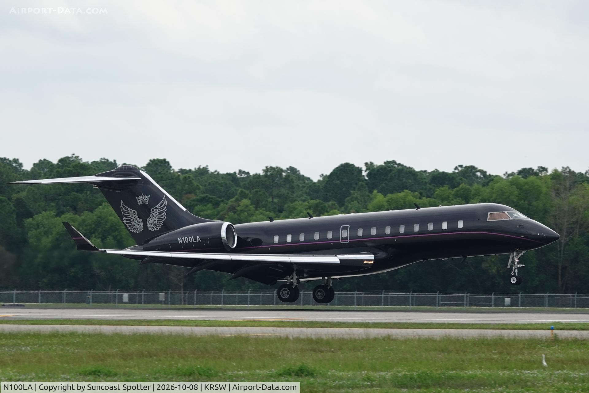 Aircraft N100LA, 2008 Bombardier BD-700-1A11 Global 5000, c/n 9321, Global 100LA arrives at Southwest Florida International Airport following flight from Opa-Locka Airport, at KRSW, photo by Suncoast Spotter