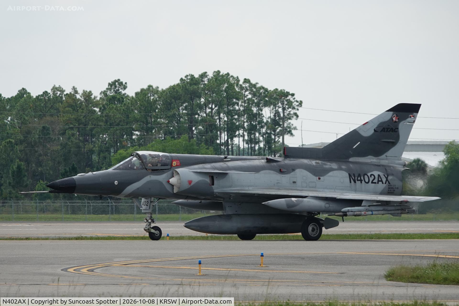 Aircraft N402AX, 1980 Israel Aircraft Industries Kfir C.2, c/n 134, A F-21 Kfir C2 taxis at Southwest Florida International Airport enroute to training in the Gulf of America, at KRSW, photo by Suncoast Spotter
