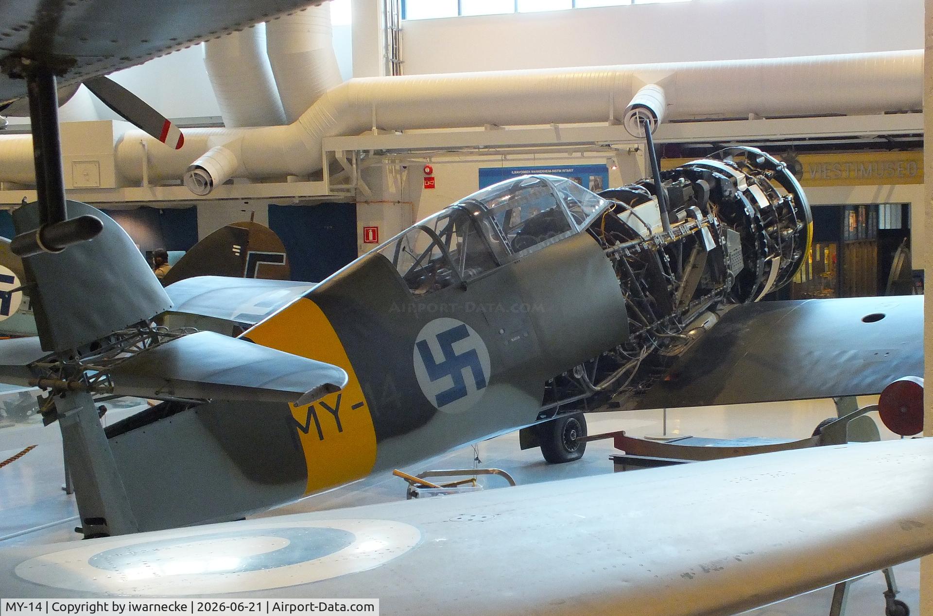 Aircraft MY-14, 1942 VL Myrsky II, c/n II-10, Valtion lentokonetehdas VL Myrsky II (without front fuselage cowlings/control surfaces/prop) at the Suomen Ilmavoimamuseo (Finnish Air Force Museum, formerly known as Keski-Suomen Ilmailumuseo / Aviation Museum of Central Finland), Jyväskylä-Tikkakoski, photo by iwarnecke